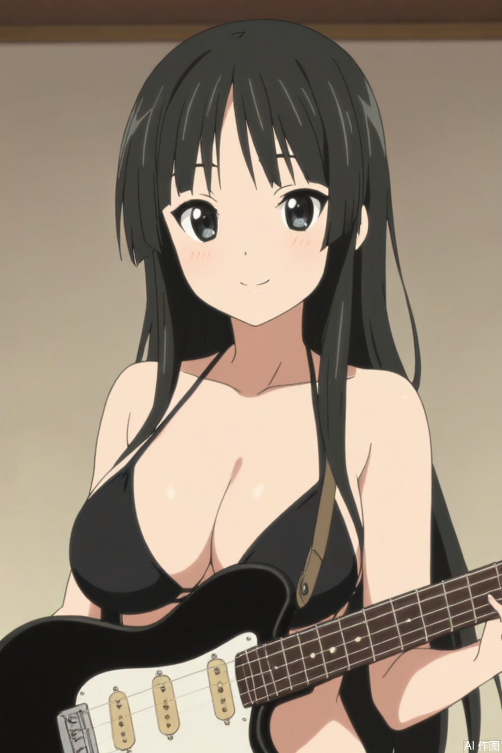 Black hair, long hair,1girl, solo, looking at viewer, smile,
bikini,guitar,full_shot,playing_instrument,