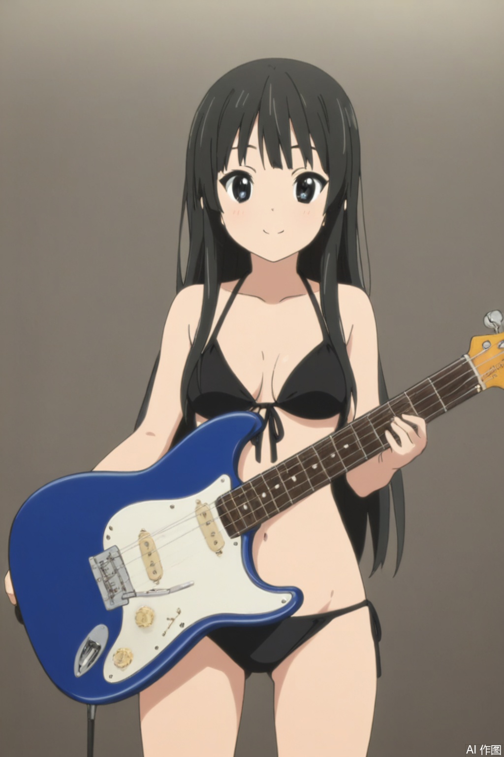 Black hair, long hair,1girl, solo, looking at viewer, smile,
bikini,guitar,full_shot,playing_instrument,