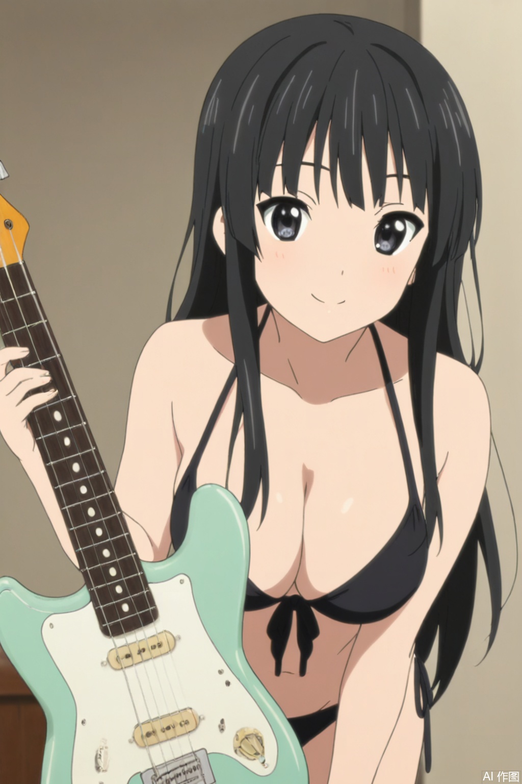 Black hair, long hair,1girl, solo, looking at viewer, smile,
bikini,guitar,full_shot,playing_instrument,