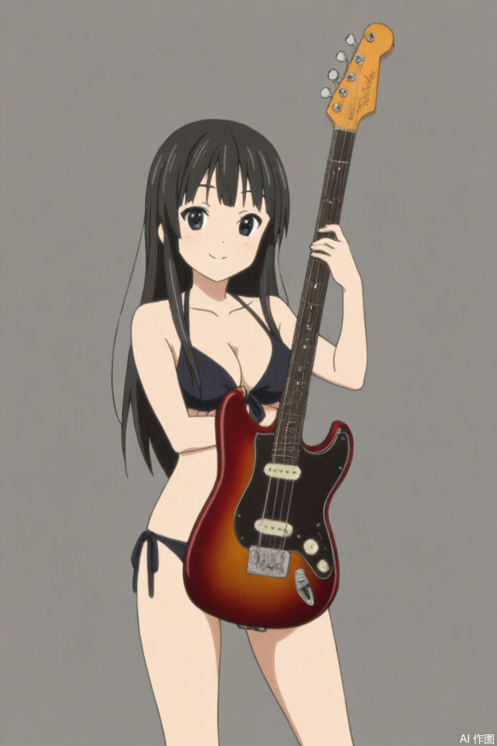 Black hair, long hair,1girl, solo, looking at viewer, smile,
bikini,guitar,full_shot,playing_instrument,