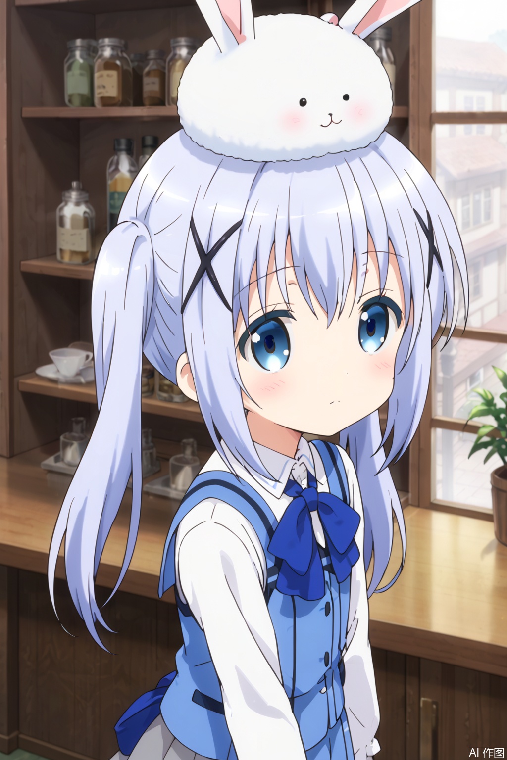 1girl, solo, long hair, blush, bangs, blue eyes, skirt, shirt, hair ornament, long sleeves, twintails, closed mouth, blue hair, standing, white shirt, sidelocks, hairclip, collared shirt, indoors, from behind, uniform, vest, animal, x hair ornament, rabbit, on head, waitress, light blue hair, blue vest, animal on head, rabbit house uniform, angora rabbit, rabbit on head, kafuu chino, tippy \(gochiusa\)