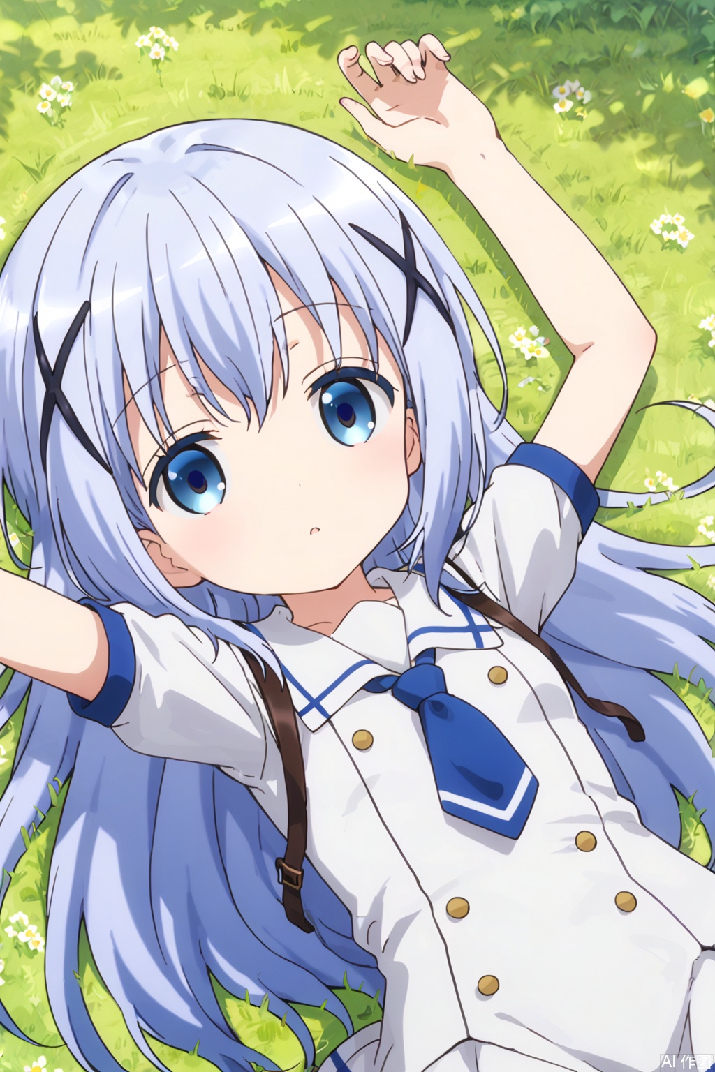 1girl, solo, long hair, looking at viewer, blue eyes, hair ornament, dress, school uniform, blue hair, lying, necktie, hairclip, on back, arms up, book, grass, outstretched arms, x hair ornament, light blue hair, kafuu chino