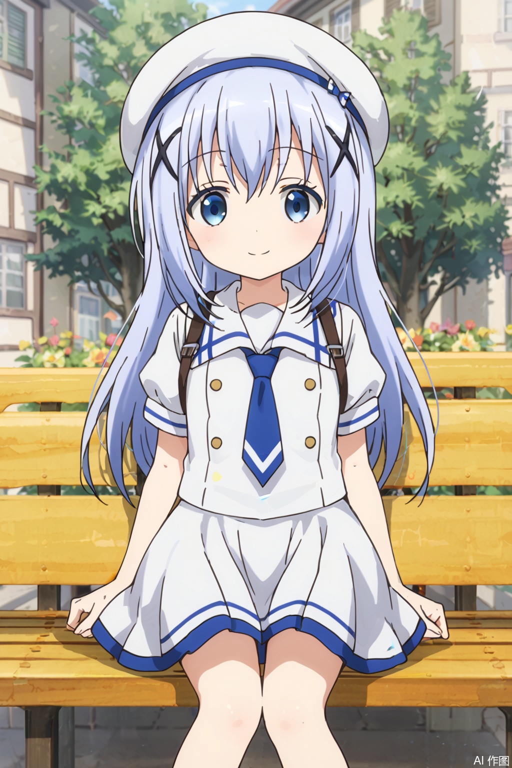 1girl, solo, long hair, looking at viewer, smile, blue eyes, skirt, hair ornament, hat, school uniform, blue hair, short sleeves, cowboy shot, outdoors, necktie, hairclip, white headwear, parody, white skirt, x hair ornament, bench, kafuu chino,knee