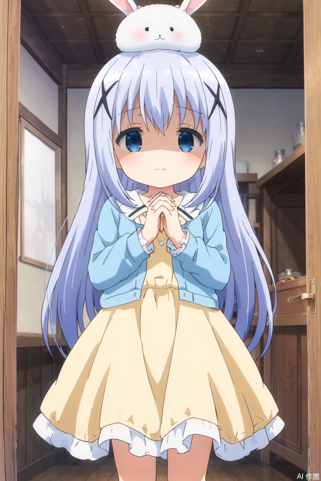 1girl, solo, long hair, looking at viewer, blush, bangs, blue eyes, hair ornament, long sleeves, dress, hair between eyes, very long hair, closed mouth, blue hair, standing, jacket, open clothes, indoors, open jacket, hands up, animal, own hands together, x hair ornament, blue jacket, shaded face, empty eyes, rabbit, door, on head, yellow dress, animal on head, angora rabbit, kafuu chino, tippy \(gochiusa\),wavy mouth, from below