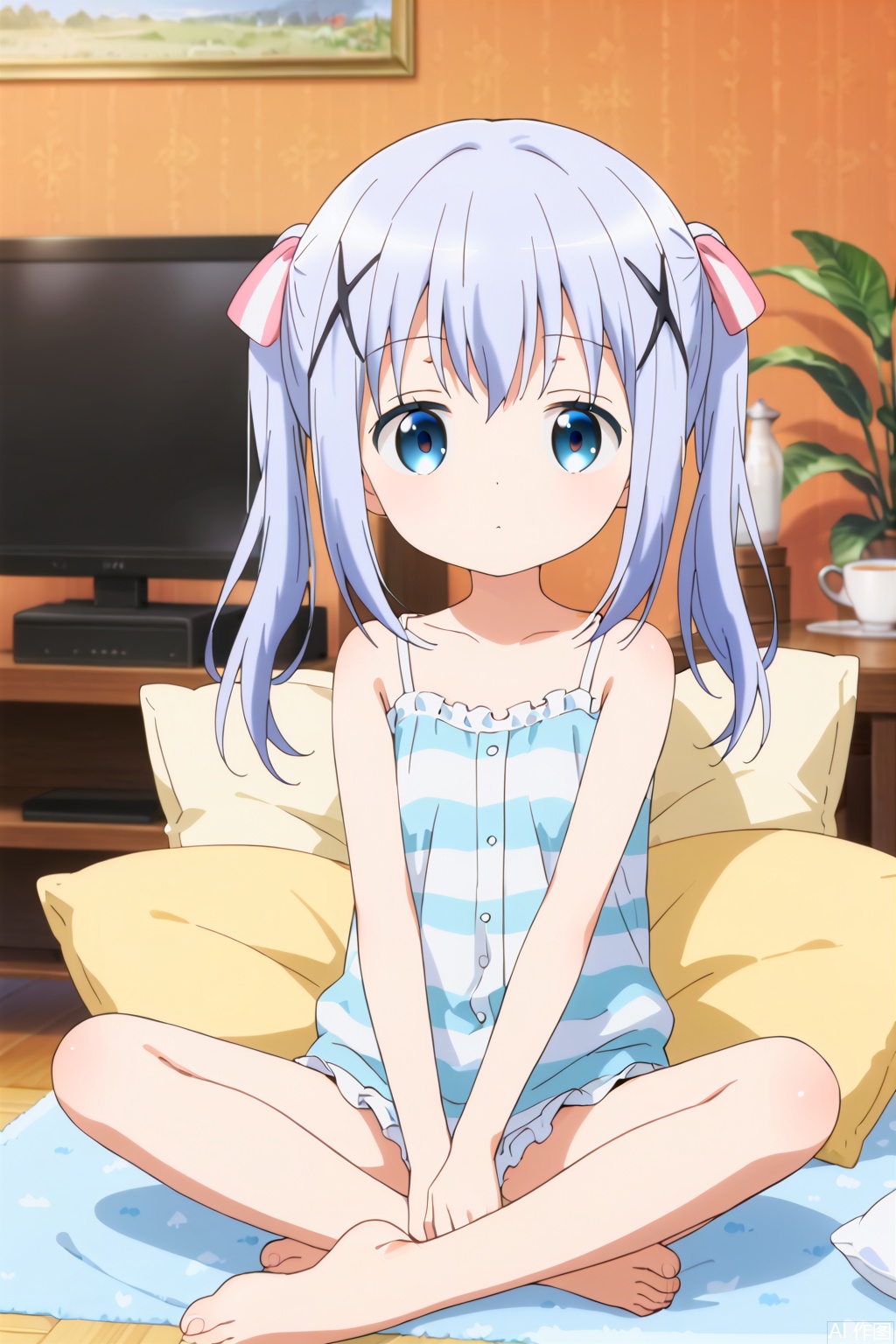 1girl,solo,long hair,looking at viewer,bangs,blue eyes,hair ornament,blue hair,hairclip,x hair ornament,light blue hair,,holding,sitting,barefoot,striped,indoors,hood,orange hair,cup,pillow,pajamas,mug,television,loungewear,striped hoodie,kafuu chino,hoto cocoa,,(loli:1.2),(slim:1.4),masterpiece,best quality,official art,extremely detailed CG unity 8k wallpaper,Hair accessories,single stripe ribbons,twintails,expressionless eyes,expressionless,Bare shoulders,camisole
