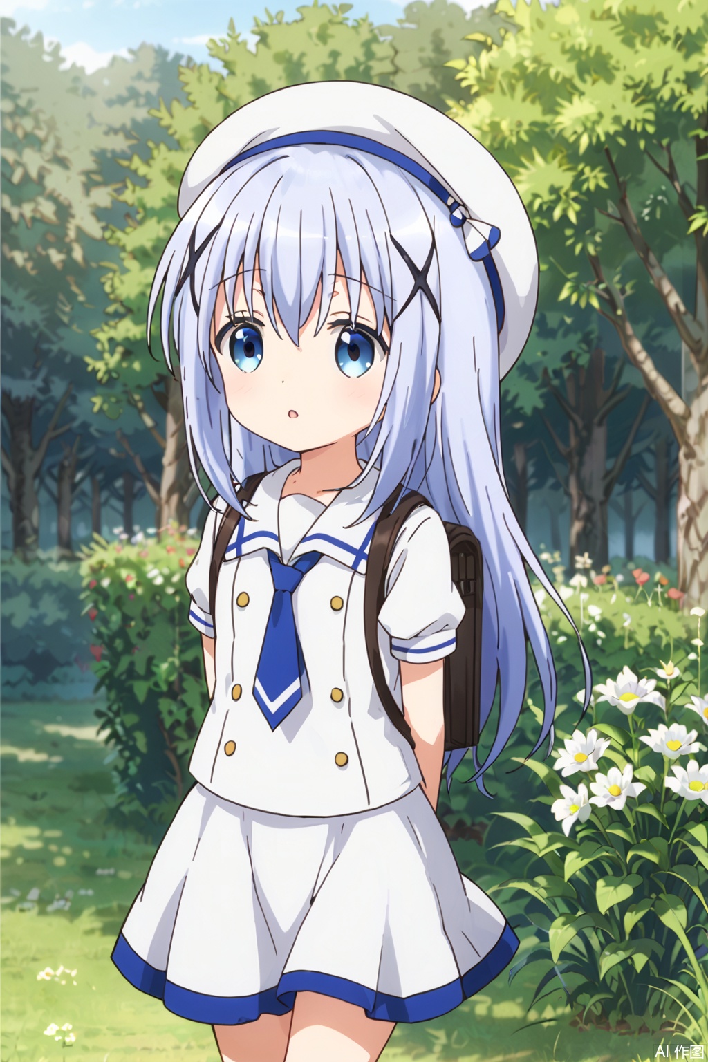 1girl, solo, long hair, blush, open mouth, bangs, blue eyes, skirt, shirt, hair ornament, hat, hair between eyes, school uniform, blue hair, standing, white shirt, flower, short sleeves, outdoors, parted lips, necktie, sky, day, hairclip, bag, blurry, depth of field, beret, white headwear, looking away, arms behind back, backpack, white skirt, grass, x hair ornament, white flower, blue necktie, single stripe, kafuu chino