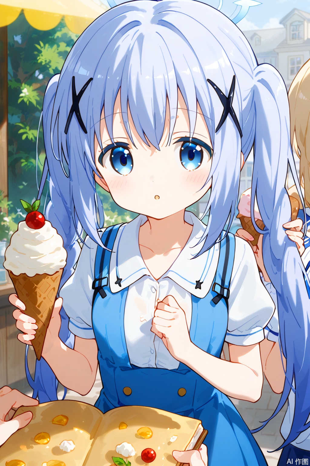 1girl, solo, long hair, blush, bangs, blue eyes, skirt, shirt, hair ornament, dress, holding, hair between eyes, twintails, blue hair, collarbone, white shirt, braid, short sleeves, sidelocks, outdoors, parted lips, food, solo focus, puffy sleeves, collared shirt, :o, twin braids, puffy short sleeves, blue skirt, book, alternate hairstyle, buttons, blue dress, x hair ornament, ice cream, light blue hair, kafuu chino