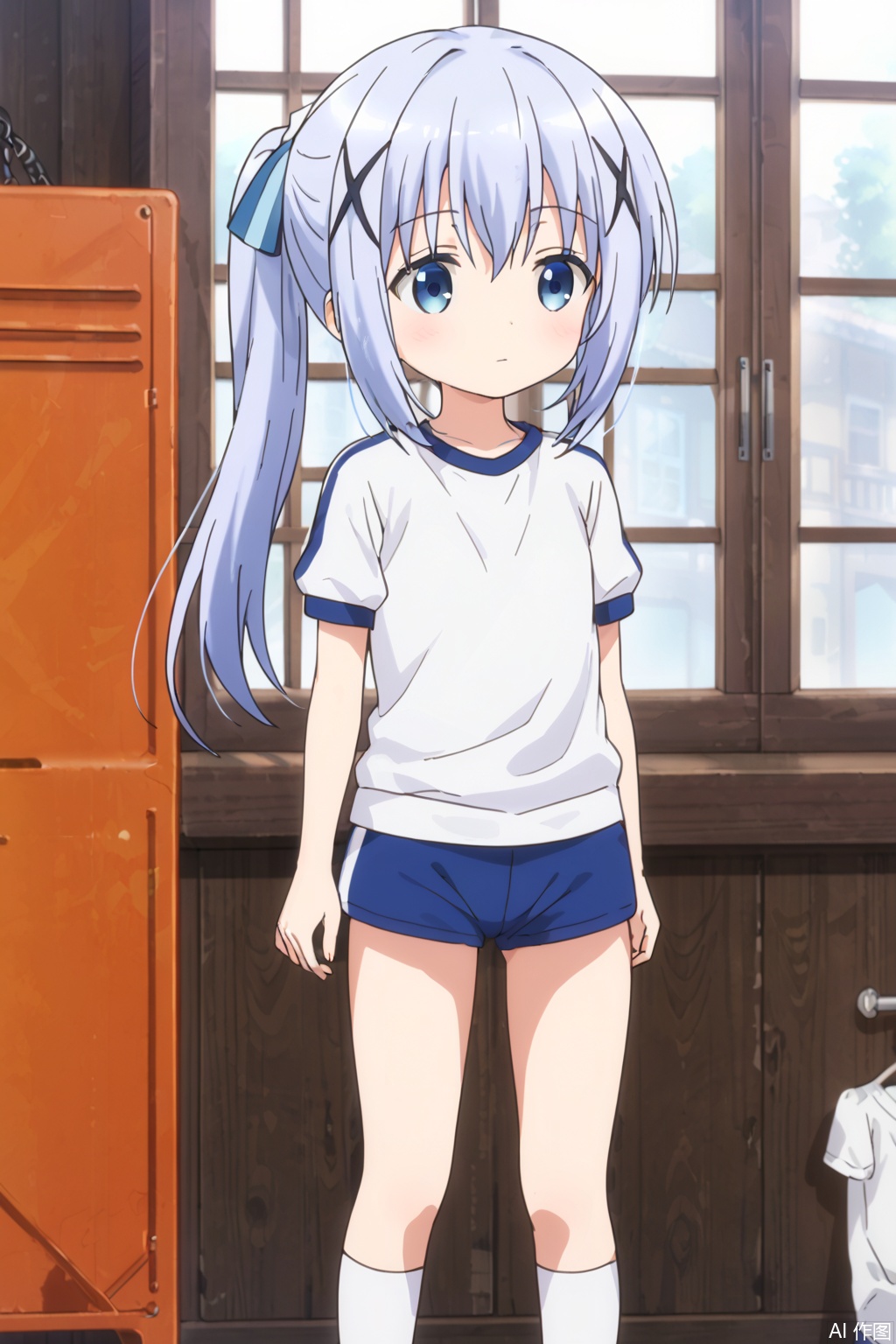 1girl, solo, long hair, blush, bangs, blue eyes, shirt, hair ornament, closed mouth, blue hair, standing, white shirt, ponytail, short sleeves, sidelocks, shorts, socks, indoors, flat chest, kneehighs, x hair ornament, white socks, gym uniform, blue shorts, arms at sides, light blue hair, gym shirt, gym shorts, kafuu chino