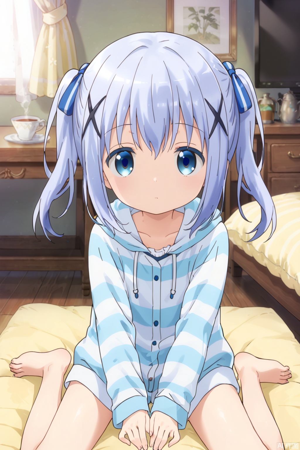 1girl,solo,long hair,looking at viewer,bangs,blue eyes,hair ornament,blue hair,hairclip,x hair ornament,light blue hair,,holding,sitting,barefoot,striped,indoors,hood,orange hair,cup,pillow,pajamas,mug,television,loungewear,striped hoodie,kafuu chino,hoto cocoa,,(loli:1.2),(slim:1.4),masterpiece,best quality,official art,extremely detailed CG unity 8k wallpaper,Hair accessories,single stripe ribbons,twintails,expressionless eyes,expressionless,