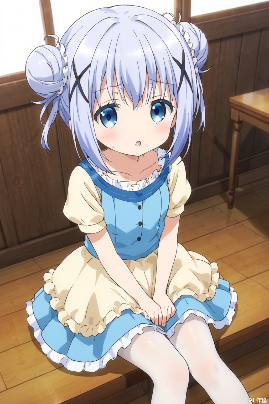 1girl, solo, looking at viewer, blush, short hair, open mouth, bangs, blue eyes, hair ornament, dress, sitting, blue hair, collarbone, short sleeves, pantyhose, hairclip, indoors, hair bun, sweatdrop, :o, double bun, alternate hairstyle, blue dress, arm support, x hair ornament, white pantyhose, wooden floor, light blue hair, ballerina, kafuu chino