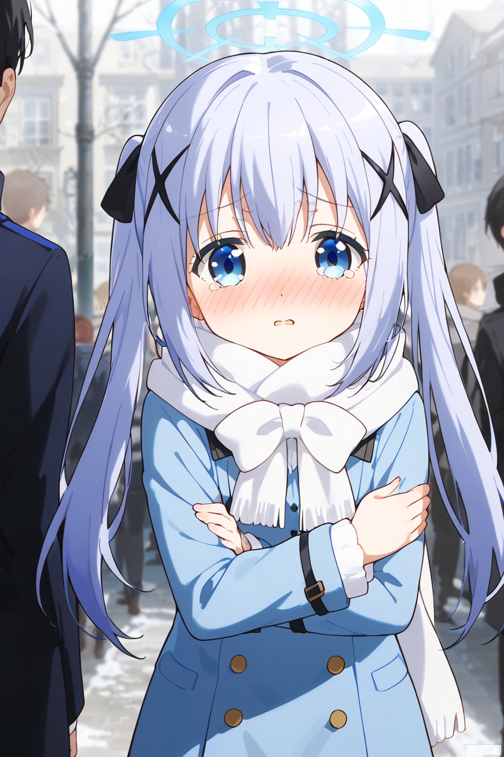 1girl, solo, long hair, blue eyes, long sleeves,  blue hair, standing, parted lips, hairclip, scarf, blurry, coat, buttons, x hair ornament, white scarf, double-breasted, light blue hair, blue coat,, kafuu chino,embarrassed , blush, shy,  , (tear:1.3),(nose blush:1.5),twintails,Hair accessories,single stripe ribbons,