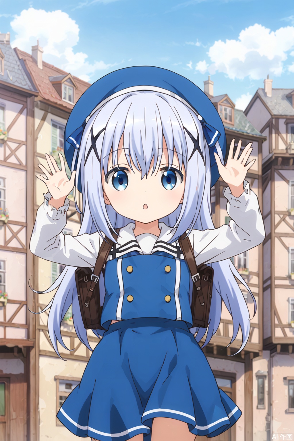 1girl, solo, long hair, looking at viewer, open mouth, bangs, blue eyes, skirt, shirt, hair ornament, long sleeves, hat, hair between eyes, school uniform, blue hair, standing, white shirt, cowboy shot, outdoors, sky, day, cloud, :o, vest, arms up, blue sky, blue skirt, buttons, beret, backpack, x hair ornament, building, blue headwear, chestnut mouth, light blue hair, blue vest, kafuu chino
