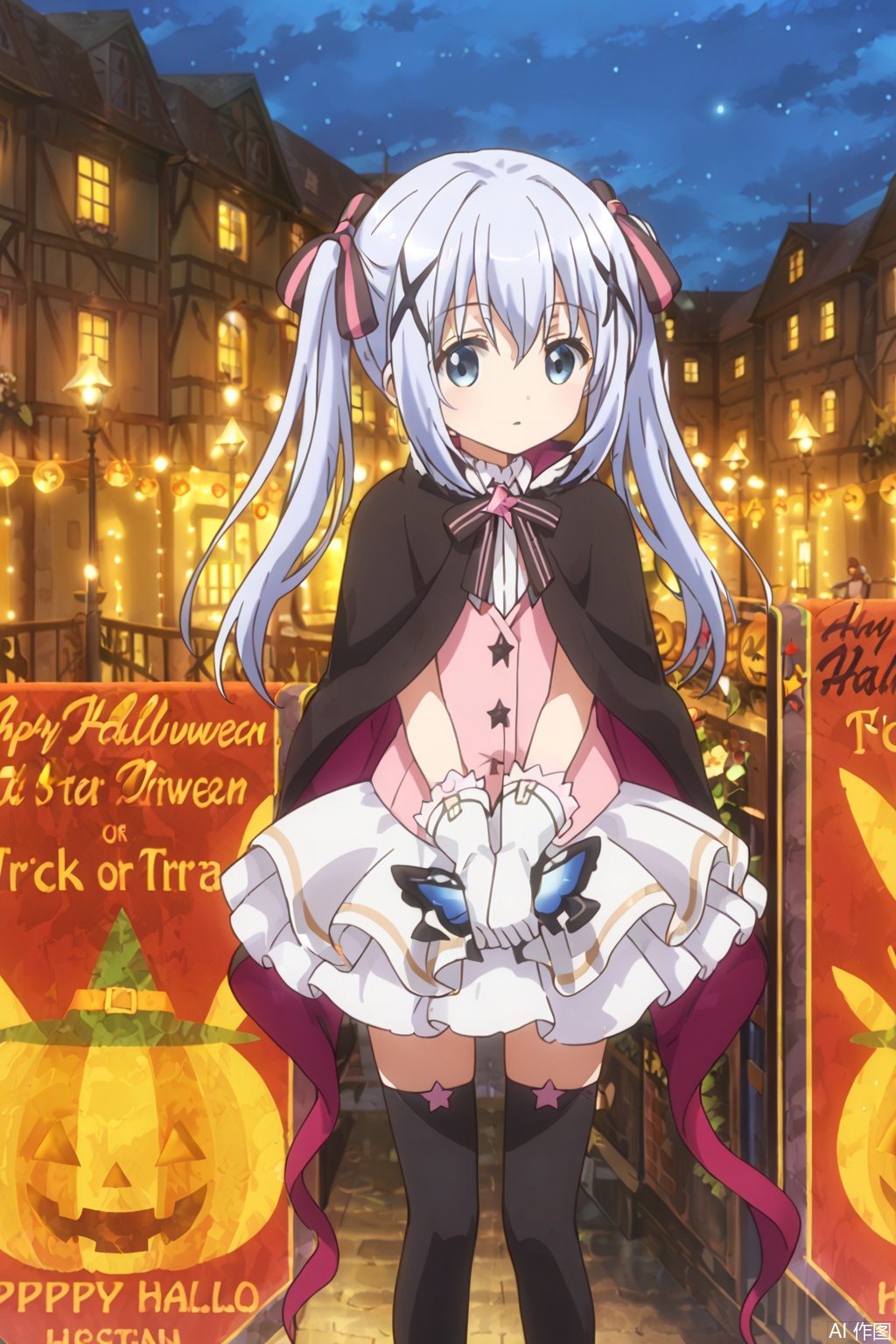 1girl, solo, long hair, blue eyes, skirt, hair ornament, thighhighs, gloves, ribbon, twintails, blue hair, standing, outdoors, sky, black thighhighs, white gloves, star \(symbol\), cape, night, x hair ornament, star \(sky\), halloween, jack-o'-lantern, kafuu chino,masterpiece,best quality,official art,extremely detailed CG unity 8k wallpaper, 