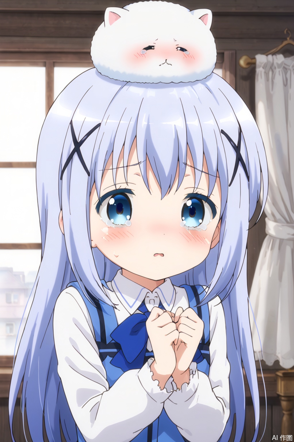 1girl,solo,long hair,blush,bangs,blue eyes,shirt,hair ornament,bow,blue hair,white shirt,upper body,parted lips,hairclip,collared shirt,indoors,bowtie,:o,vest,window,blue bow,x hair ornament,wing collar,curtains,on head,light blue hair,blue vest,animal on head,rabbit house uniform,rabbit on head,tippy \(gochiusa\),embarrassed , blush, shy, ((nose blush:1.3)),(tear:1.6)