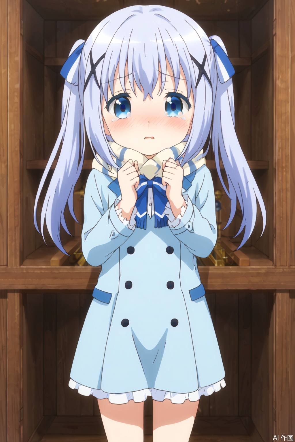 1girl, solo, long hair, blue eyes, long sleeves,  blue hair, standing, parted lips, hairclip, scarf, blurry, coat, buttons, x hair ornament, white scarf, double-breasted, light blue hair, blue coat,, kafuu chino,embarrassed , blush, shy,  , (tear:1.3),(nose blush:1.5),twintails,Hair accessories,single stripe ribbons,