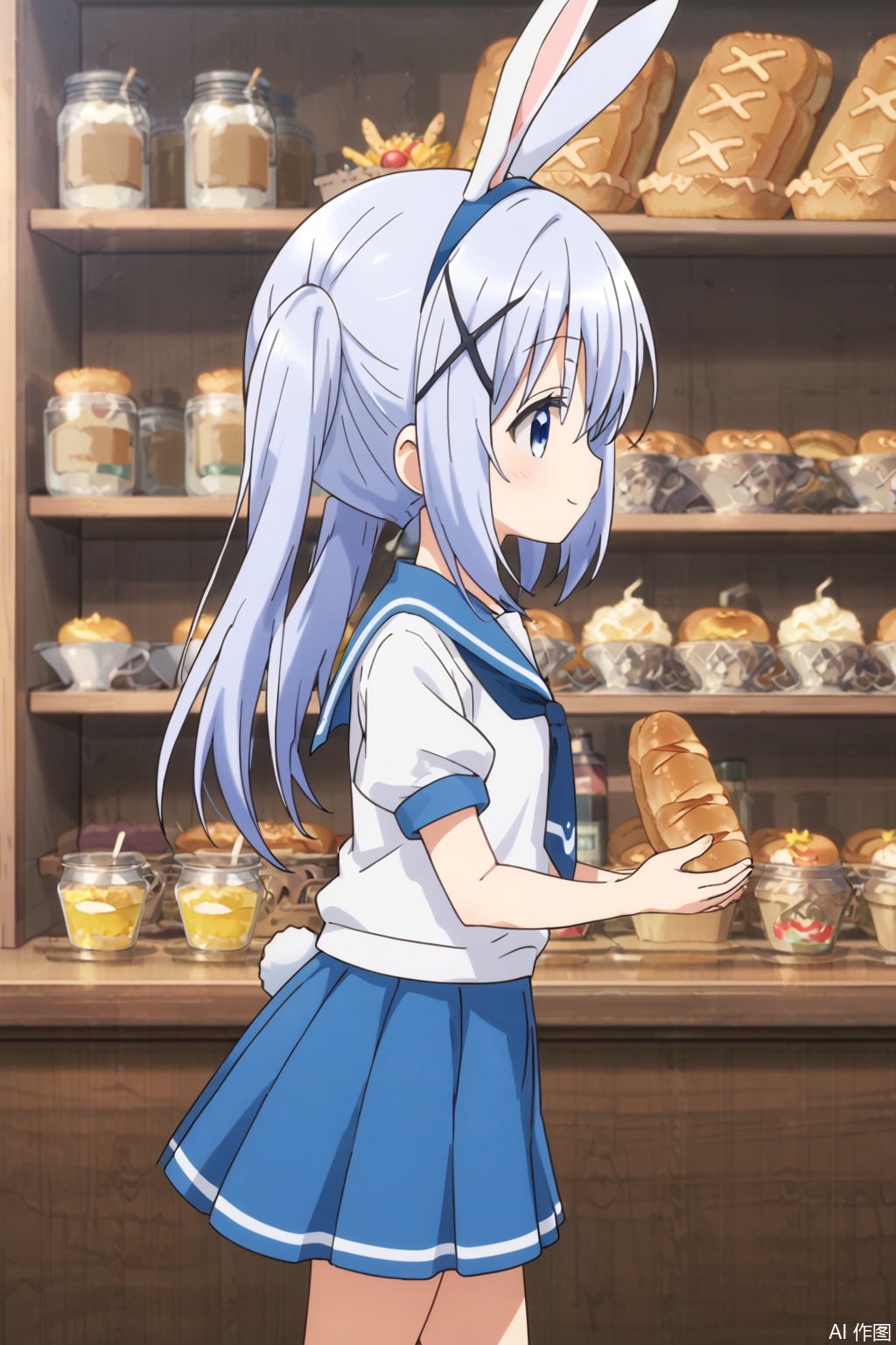 1girl, long hair, blush, smile, bangs, blue eyes, skirt, shirt, hair ornament, holding, twintails, closed mouth, school uniform, blue hair, standing, white shirt, short sleeves, sidelocks, pleated skirt, food, serafuku, hairclip, puffy sleeves, indoors, sailor collar, from side, puffy short sleeves, blue skirt, profile, animal, x hair ornament, rabbit, light blue hair, bread, shop, angora rabbit, kafuu chino, tippy \(gochiusa\)