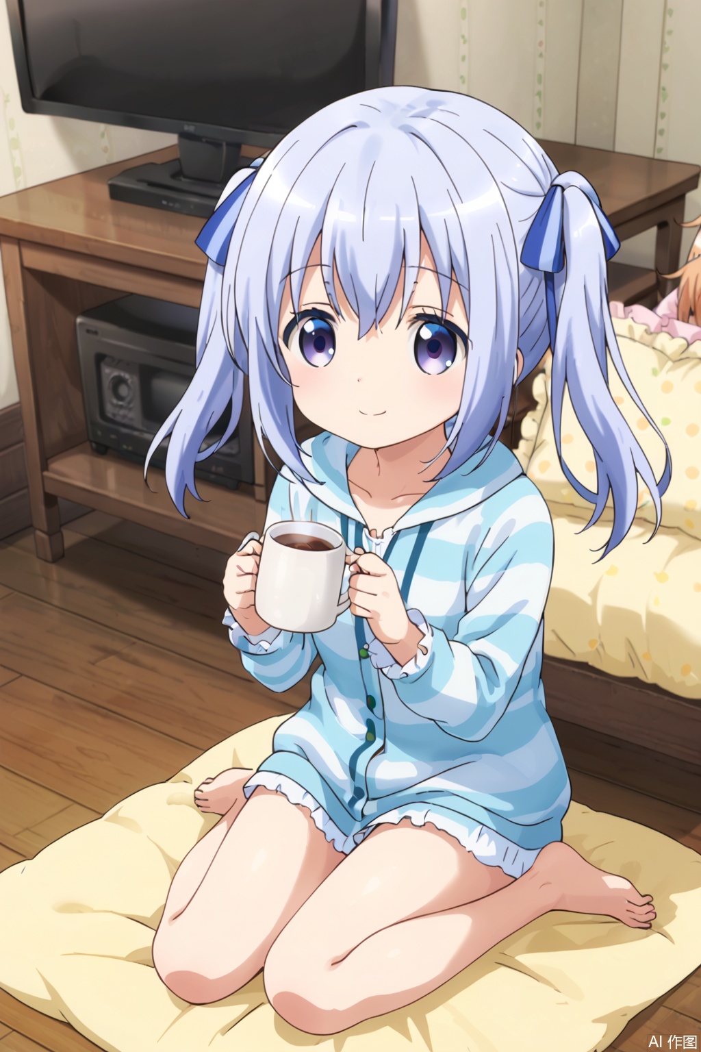 1girl,solo,long hair,smile,short hair,blue eyes,brown hair,holding,sitting,blue hair,purple eyes,barefoot,striped,indoors,hood,orange hair,cup,pillow,pajamas,mug,television,loungewear,striped hoodie,kafuu chino,hoto cocoa,,Hair accessories,single stripe ribbons,twintails,