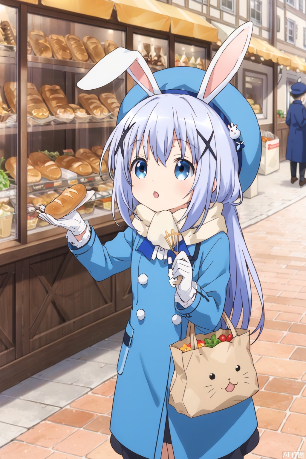 1girl, long hair, blue eyes, hair ornament, gloves, hat, holding, blue hair, standing, outdoors, food, bag, scarf, coat, animal, looking up, x hair ornament, rabbit, on head, animal on head, bread, blue coat, shopping bag, paper bag, baguette, grocery bag, angora rabbit, groceries, rabbit on head, kafuu chino, tippy \(gochiusa\)
