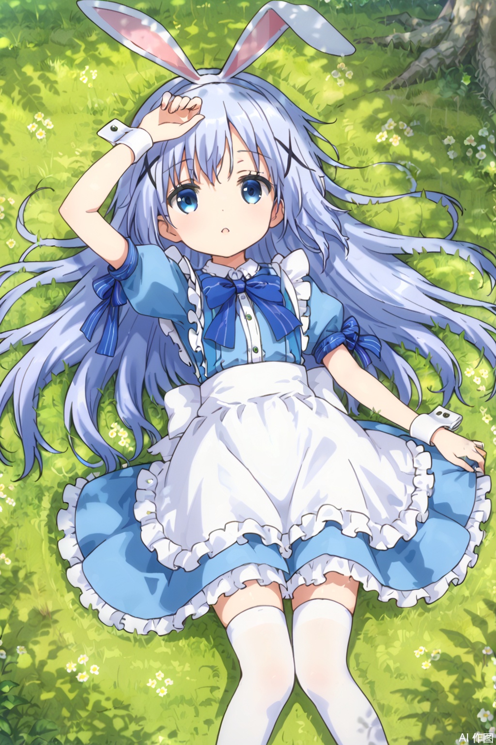 1girl, solo, long hair, blue eyes, thighhighs, dress, bow, animal ears, blue hair, lying, frills, striped, on back, rabbit ears, apron, white thighhighs, wrist cuffs, fake animal ears, blue dress, grass, x hair ornament, white apron, alice \(alice in wonderland\) \(cosplay\), kafuu chino, alice \(alice in wonderland\)
