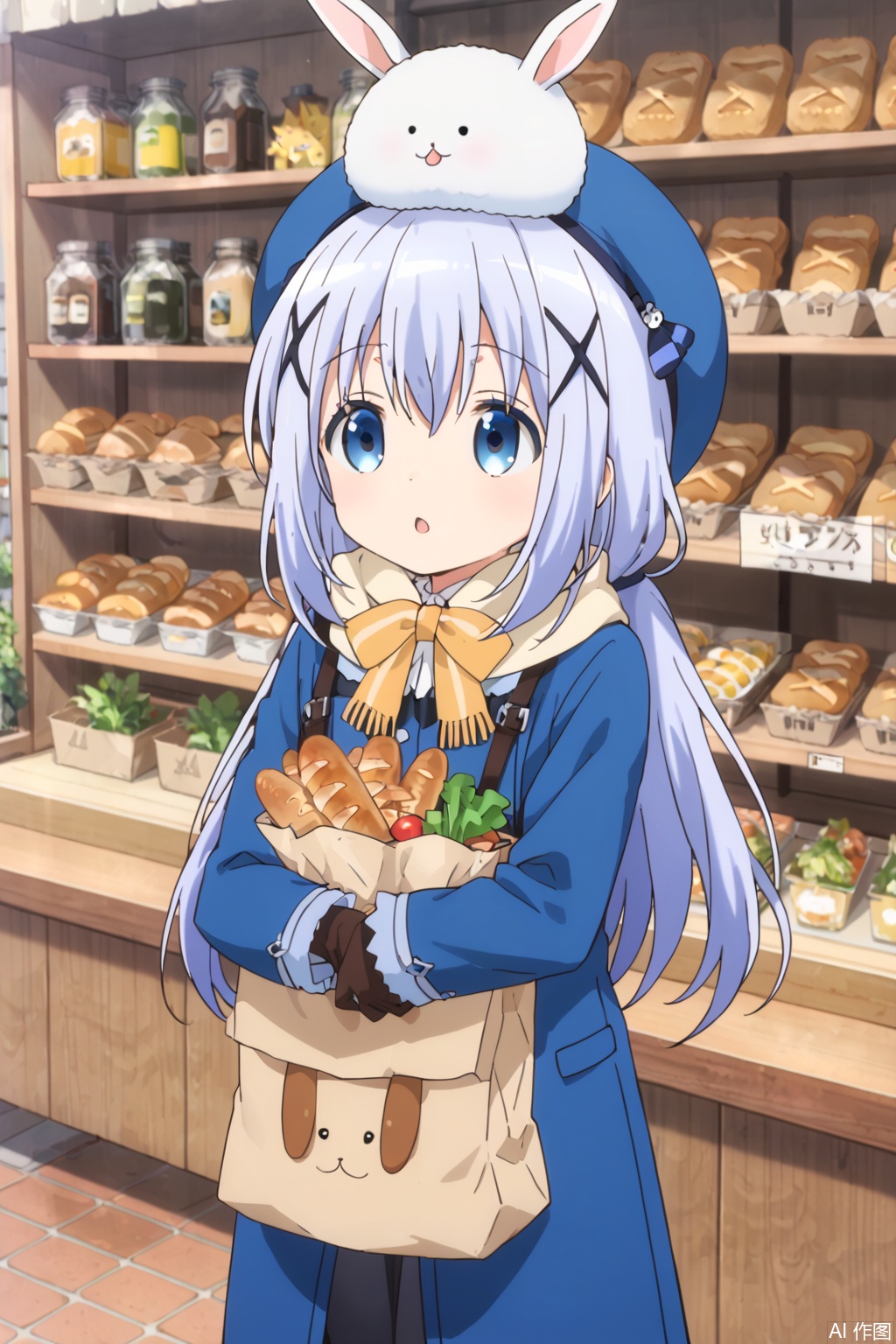 1girl, long hair, blue eyes, hair ornament, gloves, hat, holding, blue hair, standing, outdoors, food, bag, scarf, coat, animal, looking up, x hair ornament, rabbit, on head, animal on head, bread, blue coat, shopping bag, paper bag, baguette, grocery bag, angora rabbit, groceries, rabbit on head, kafuu chino, tippy \(gochiusa\)