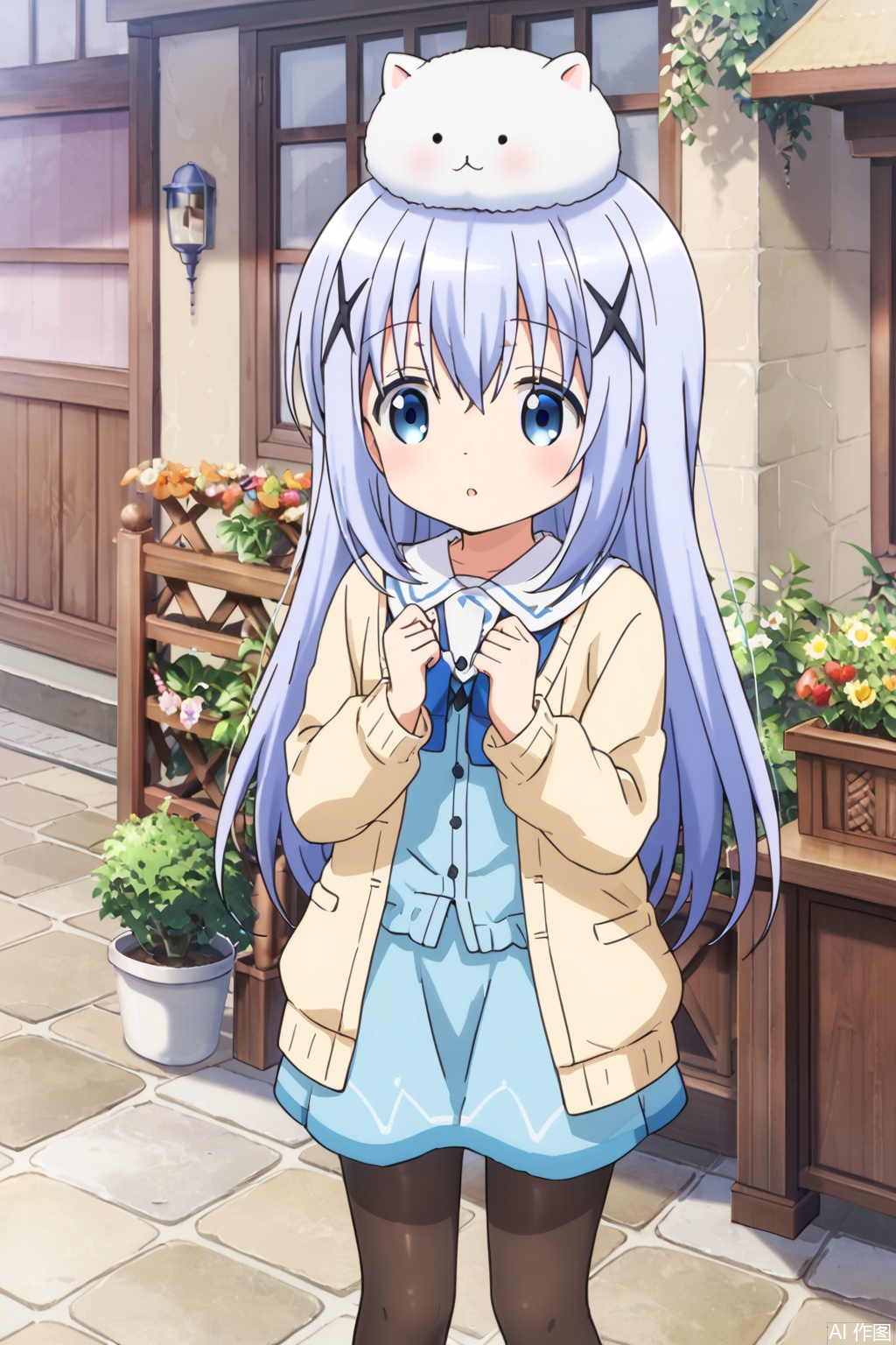 1girl, long hair, blush, blue eyes, hair ornament, long sleeves, dress, hair between eyes, blue hair, standing, pantyhose, outdoors, day, animal, cardigan, x hair ornament, rabbit, on head, animal on head, angora rabbit, rabbit on head, kafuu chino, tippy \(gochiusa\)