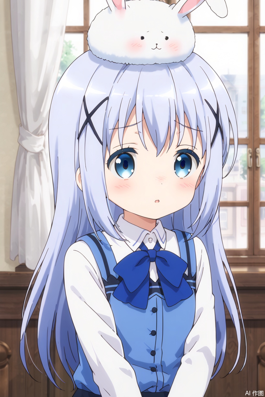 1girl,solo,long hair,blush,bangs,blue eyes,shirt,hair ornament,bow,blue hair,white shirt,upper body,parted lips,hairclip,collared shirt,indoors,bowtie,:o,vest,window,blue bow,x hair ornament,wing collar,curtains,on head,light blue hair,blue vest,animal on head,rabbit house uniform,rabbit on head,tippy \(gochiusa\),embarrassed , blush, shy, nose blush , 