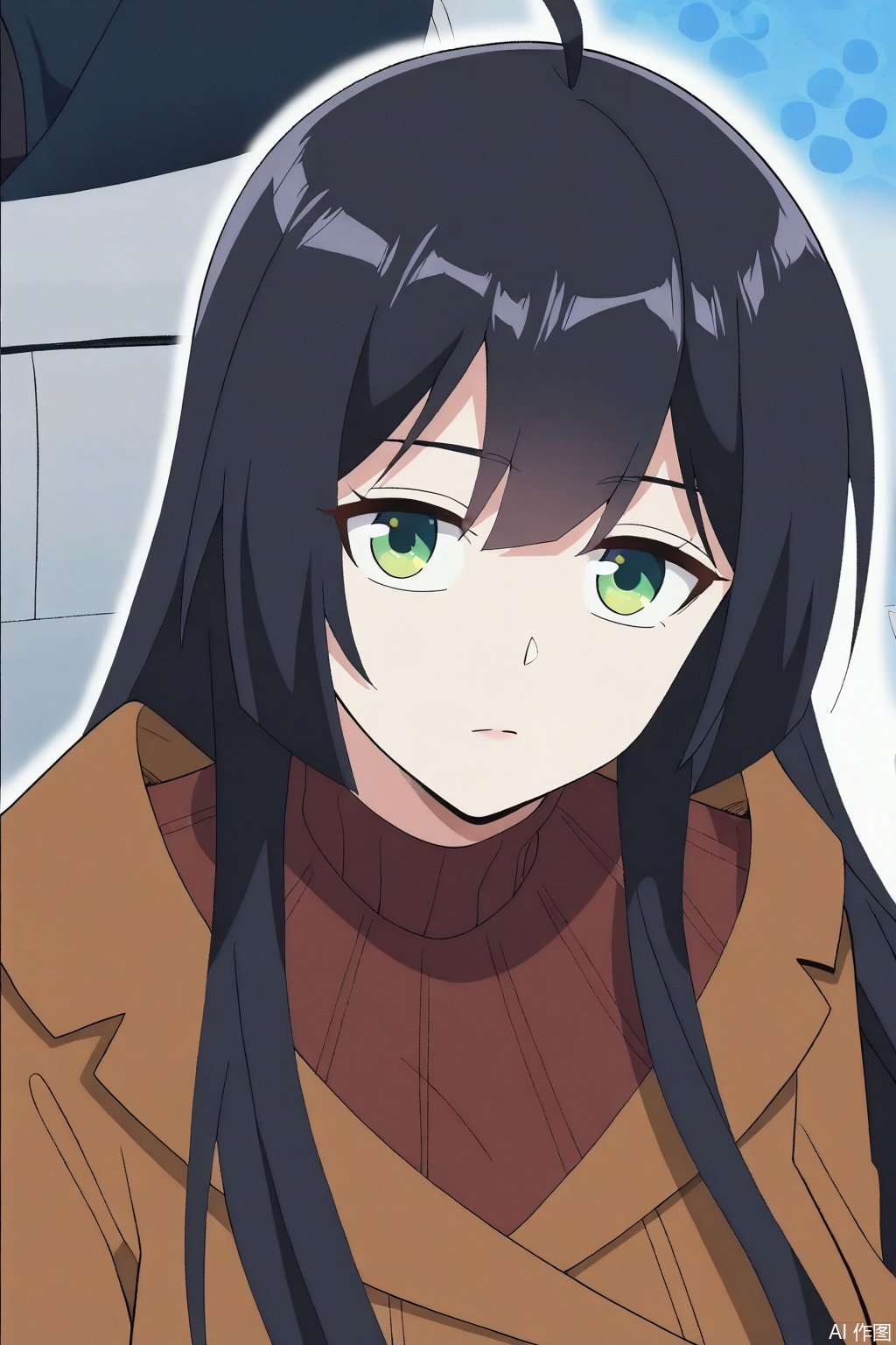 1girl, solo, long hair, breasts, looking at viewer, bangs, black hair, long sleeves, closed mouth, green eyes, ahoge, sweater, coat, turtleneck, expressionless, brown coat,masterpiece,best quality,official art,extremely detailed CG unity 8k wallpaper,
Random scene,upper body,looking at viewer,
