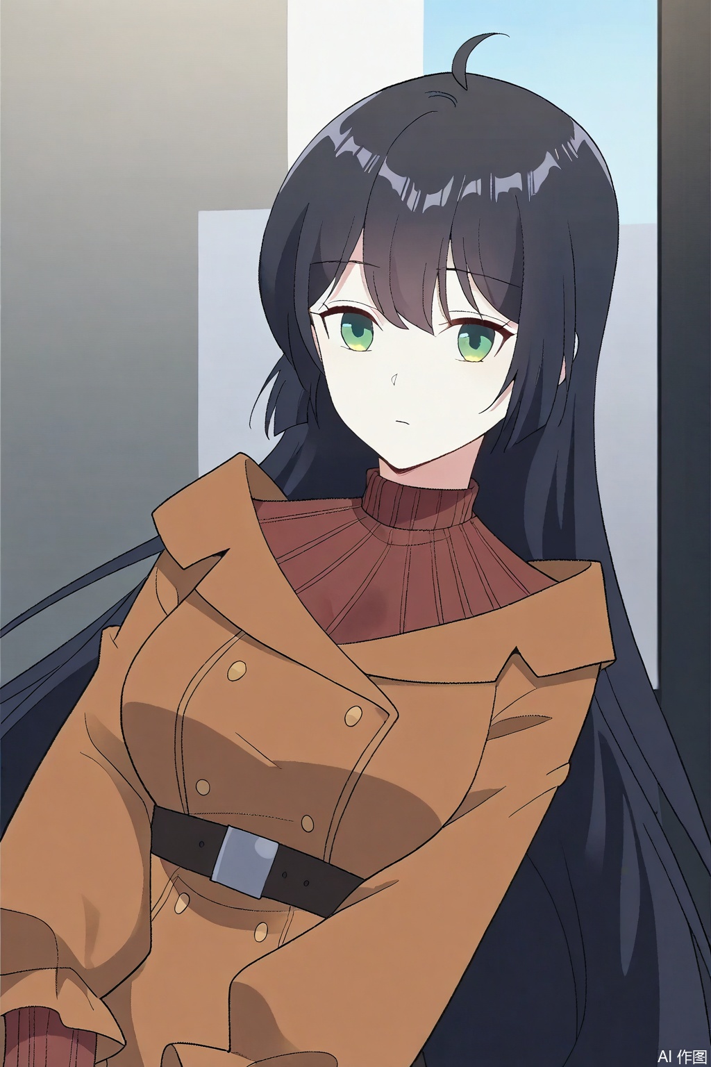 1girl, solo, long hair, breasts, looking at viewer, bangs, black hair, long sleeves, closed mouth, green eyes, ahoge, sweater, coat, turtleneck, expressionless, brown coat,masterpiece,best quality,official art,extremely detailed CG unity 8k wallpaper,
Random scene,upper body,looking at viewer,