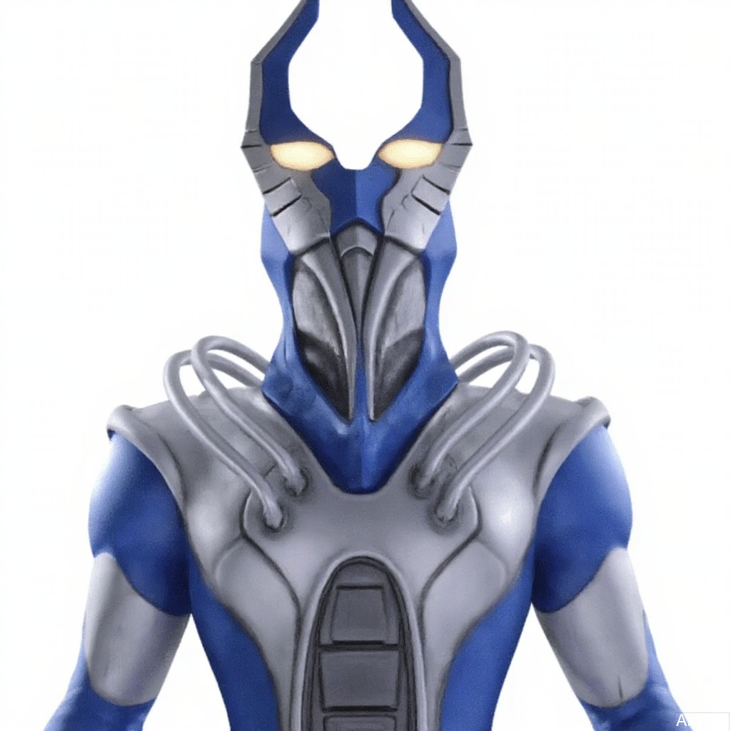 masterpiece, best quality,solo,(white background:1.2),simple background,
looking at viewer,boots,shoulder pads,breastplate,horned helmet,pauldrons,shoulder armor,armor,armor,helmet,blue footwear,blue tight-fitting,silver pattern on body,bodysuit,gem,plugsuit,mask,cover,logo,boots,gloves,blue legwear,blue gloves,blue bodysuit,leather suit,latex,tokusatsu,no humans,science fiction,hard mask,no smile,no eyes,no nose,rubber bodysuit with line,alien