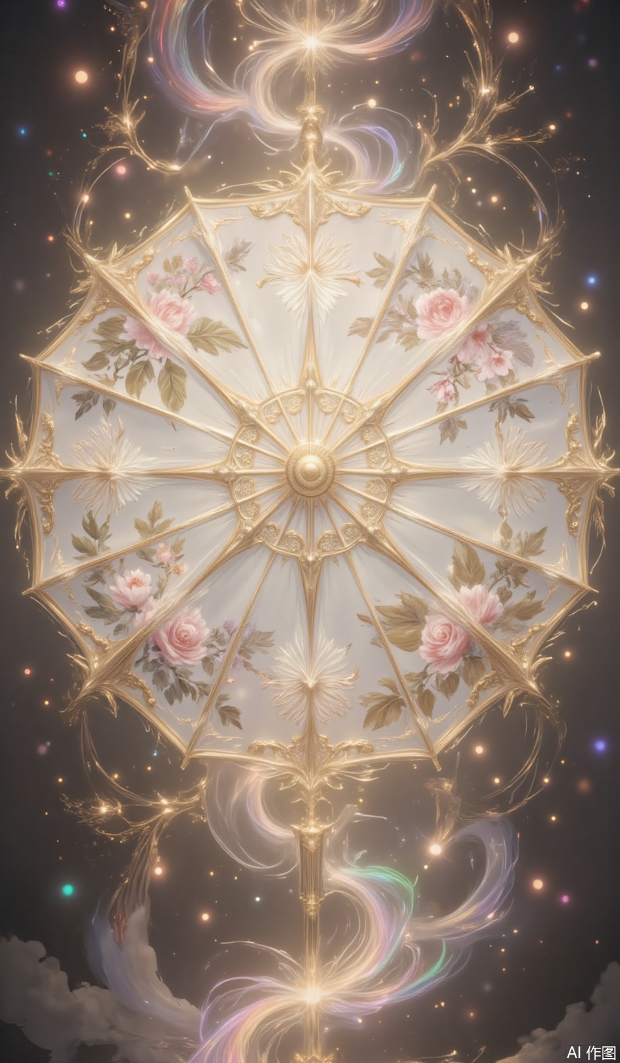 The angel god Qian Renxue on Douluo Continent has a streamlined sacred armor embedded in the sun badge. Three pairs of huge light wings spread out, and the pupils show the nesting of hexagrams and the sun wheel. Holding an angel sword, the background is a hand-painted umbrella, celebrating the beauty of the four seasons, each quarter has blooming flowers, symbolizing spring, summer, autumn and winter. The delicate brushstrokes capture the essence of each season, from the blooming flowers in spring to the falling leaves in autumn. Around the umbrella, rainbow-colored light particles form a charming halo, and their colors blend seamlessly with the natural tones of hand-painted flowers. This creates a sense of harmony and magic, as if the umbrella is a gateway to a world where the seasons blend and the beauty of nature is endlessly celebrated.
