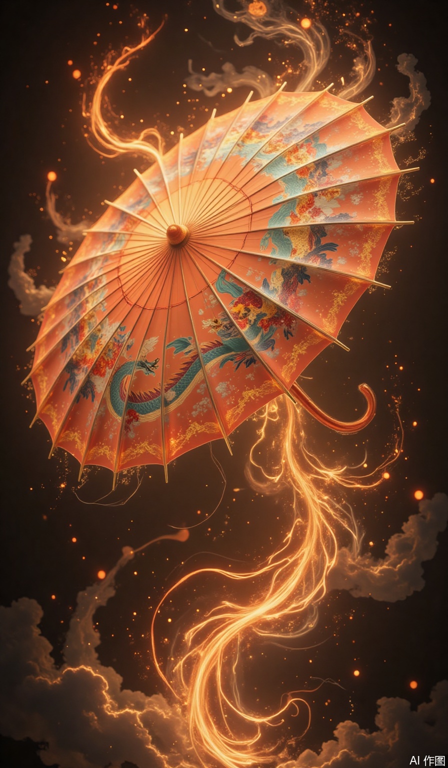 A striking hand-painted umbrella, brightly colored as flames, symbolizing passion and vitality. The surface of the umbrella is decorated with dynamic and vibrant designs, like a flying dragon or a phoenix, depicting the essence of movement with bold strokes. The orange flame particles float in the air, reflecting with the hand-painted design, enhancing their hot charm. These particles flicker and crackle, creating a sense of heat and intensity that complements the bold colors.