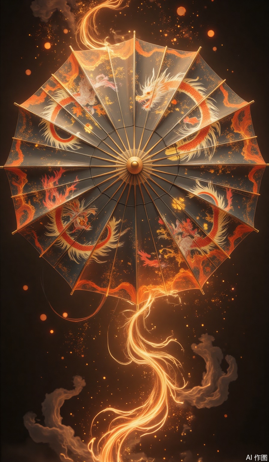 A striking hand-painted umbrella, brightly colored as flames, symbolizing passion and vitality. The surface of the umbrella is decorated with dynamic and vibrant designs, like a flying dragon or a phoenix, depicting the essence of movement with bold strokes. The orange flame particles float in the air, reflecting with the hand-painted design, enhancing their hot charm. These particles flicker and crackle, creating a sense of heat and intensity that complements the bold colors.