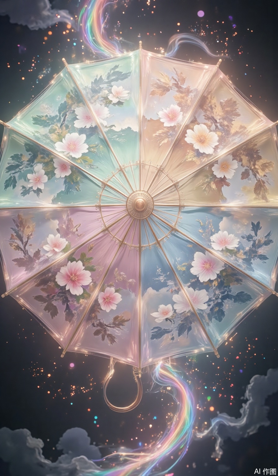 The angel god Qian Renxue on Douluo Continent has a streamlined sacred armor embedded in the sun badge. Three pairs of huge light wings spread out, and the pupils show the nesting of hexagrams and the sun wheel. Holding an angel sword, the background is a hand-painted umbrella, celebrating the beauty of the four seasons, each quarter has blooming flowers, symbolizing spring, summer, autumn and winter. The delicate brushstrokes capture the essence of each season, from the blooming flowers in spring to the falling leaves in autumn. Around the umbrella, rainbow-colored light particles form a charming halo, and their colors blend seamlessly with the natural tones of hand-painted flowers. This creates a sense of harmony and magic, as if the umbrella is a gateway to a world where the seasons blend and the beauty of nature is endlessly celebrated.