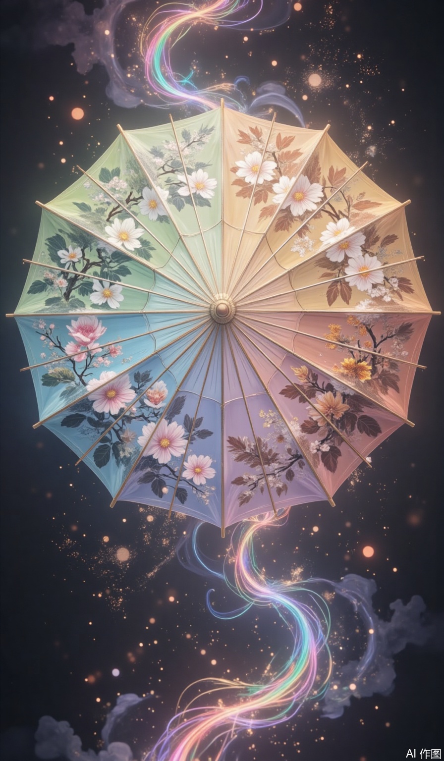 A hand-painted umbrella celebrates the beauty of the four seasons, each quarter has blooming flowers, symbolizing spring, summer, autumn and winter. The delicate brushstrokes capture the essence of each season, from the blooming flowers in spring to the falling leaves in autumn. Around the umbrella, rainbow-colored light particles form a charming halo, and their colors blend seamlessly with the natural tones of hand-painted flowers. This creates a sense of harmony and magic, as if the umbrella is a gateway to a world where the seasons blend and the beauty of nature is endlessly celebrated.