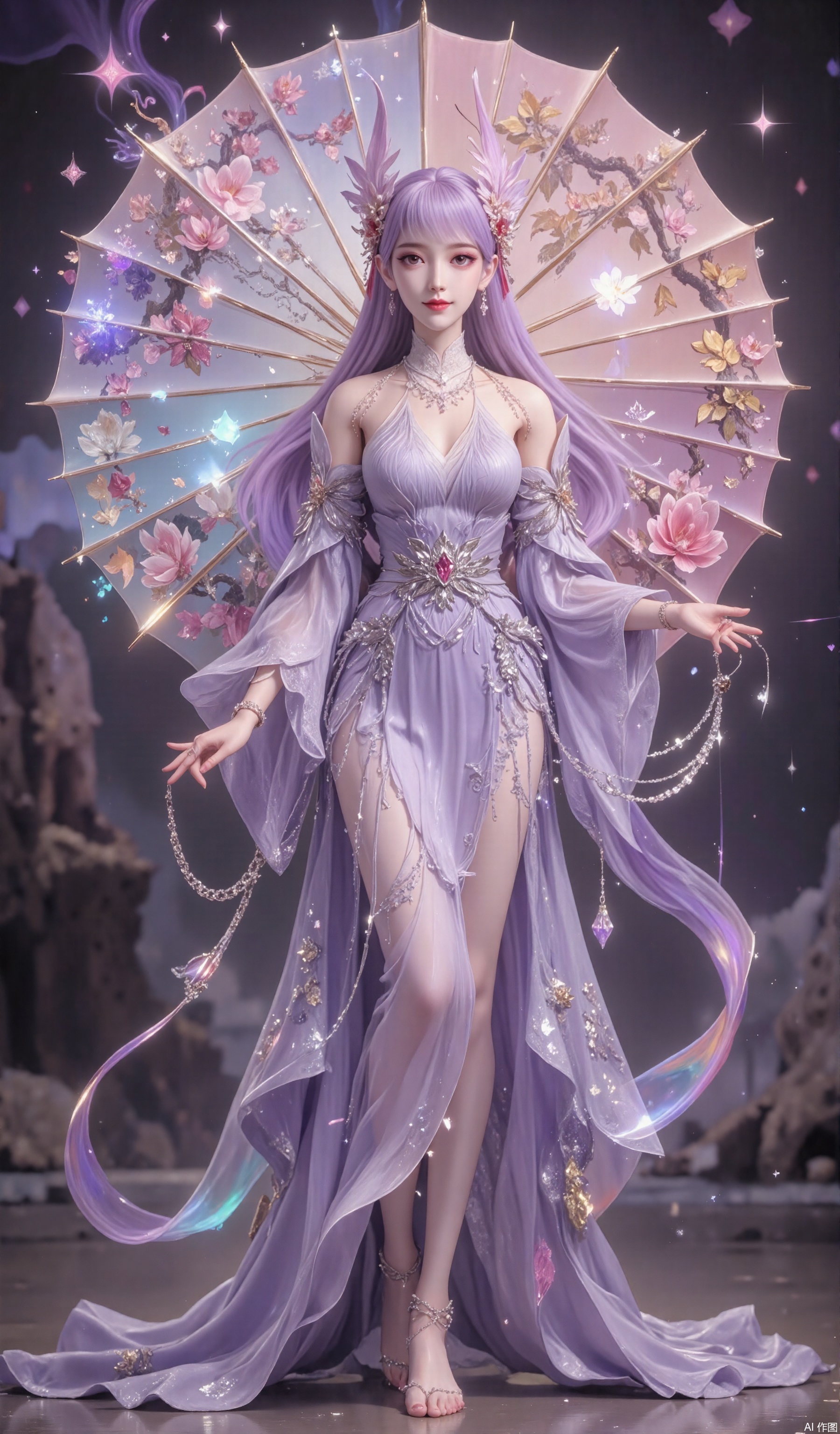 A girl, solo, purple hair, wearing hair accessories. Purple Hanfu, wearing earrings. Looking at the camera. Full body close-up. Long legs, barefoot, standing
Her facial features are clear, her bright eyes seem to have the mysterious charm of ancient oriental charm. Her cherry lips are bent, her smile is gentle and sweet, she has a chain hanging on her waist, flowers tied to her ankles, and behind the beauty is a hand-painted umbrella to celebrate the beauty of the four seasons. Each quarter has blooming flowers, symbolizing spring, summer, autumn and winter. The delicate brushstrokes capture the essence of each season, from the blooming flowers in spring to the falling leaves in autumn. Around the umbrella, rainbow-colored light particles form a charming halo, and their colors blend seamlessly with the natural tones of hand-painted flowers. This creates a double exposure feeling, as if the umbrella is a gateway to a world where the four seasons blend, through which you can see the waterfall behind, and the endlessly celebrated beauty of nature.