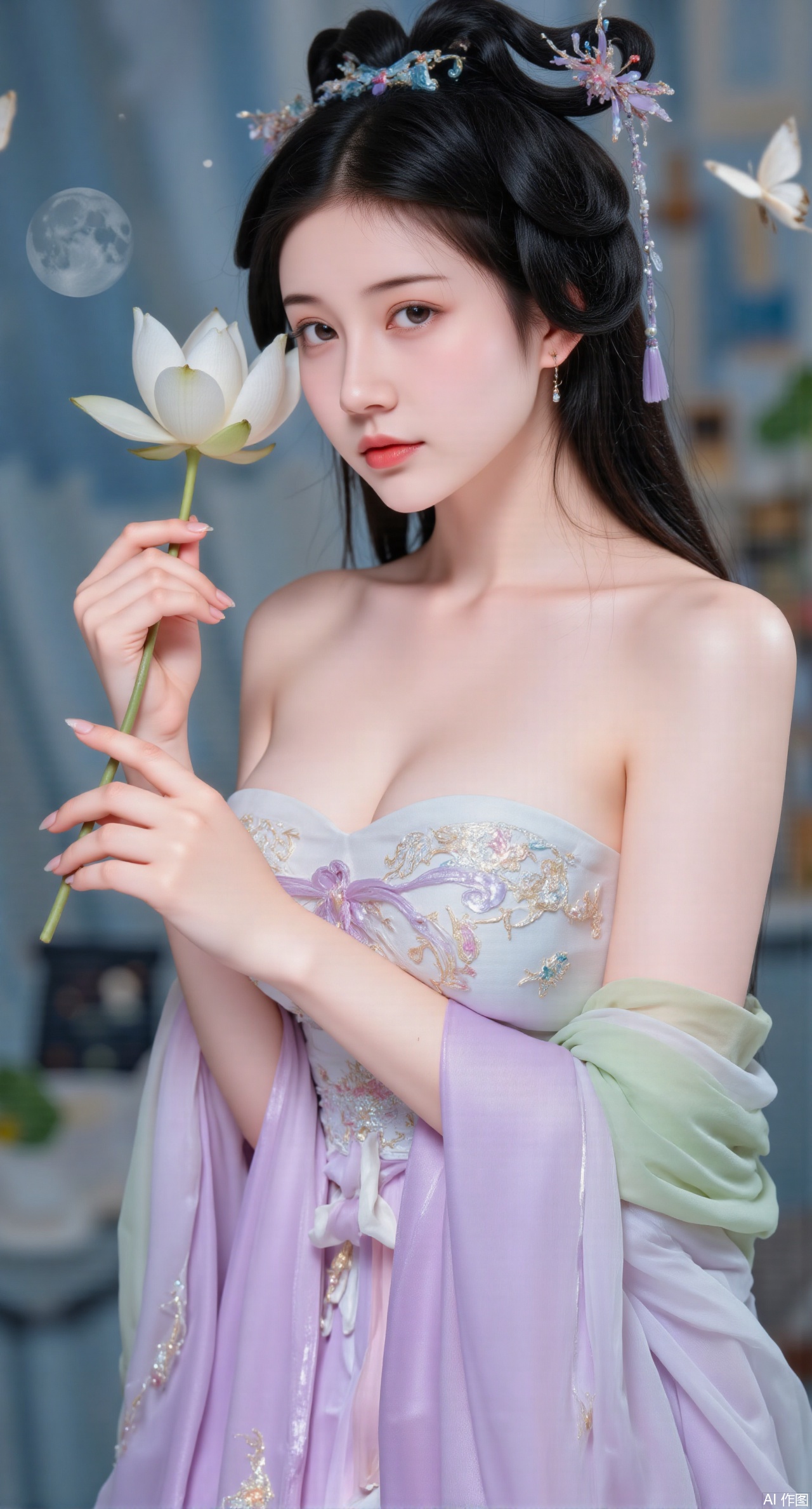 (masterpiece, best quality:1.2), highres, extremely detailed, 1girl,(hanfu dress:1.26),looking at viewer,indoors, (big breasts:2.69),Depth of field,garden of the sun,shiny,flowers, garden, 1girl, (Lotus:1.39), (butterflies, ultra detailed, glary,Light, light particles,glitter,reflect:1.29),(huge breasts:2.99), (full breasts:2.99),background, solo, makeup,Xyunxiao,(Lotus,Water Lily,Blue sky,full moon:1.39),(Lotus pond,ancient Chinese architecture:1.39),Xmupeiling,XsongyuYK,XqiyueFHK,XheguangzhefandiYK,XxiaobaiNZYK,XlimuwanJCBYK,XmeijiK,XzhouruK,XHhanfududou,XzhouruK2,XmeijiK2,XlinziyueK2,Xjinniang2,Xdunhuangfeitian,Xyinggou2,XnangongxierK2,Xnvwashenian2,XmupeilingYK,Xdaji2,Xyujishenian2,lanxinai-luxueqiX,Xlinagpiandiaodai,Xqianqianmeinu,Xmoxionghanfu,Xleisiqipao,Xxeushengxiaofu