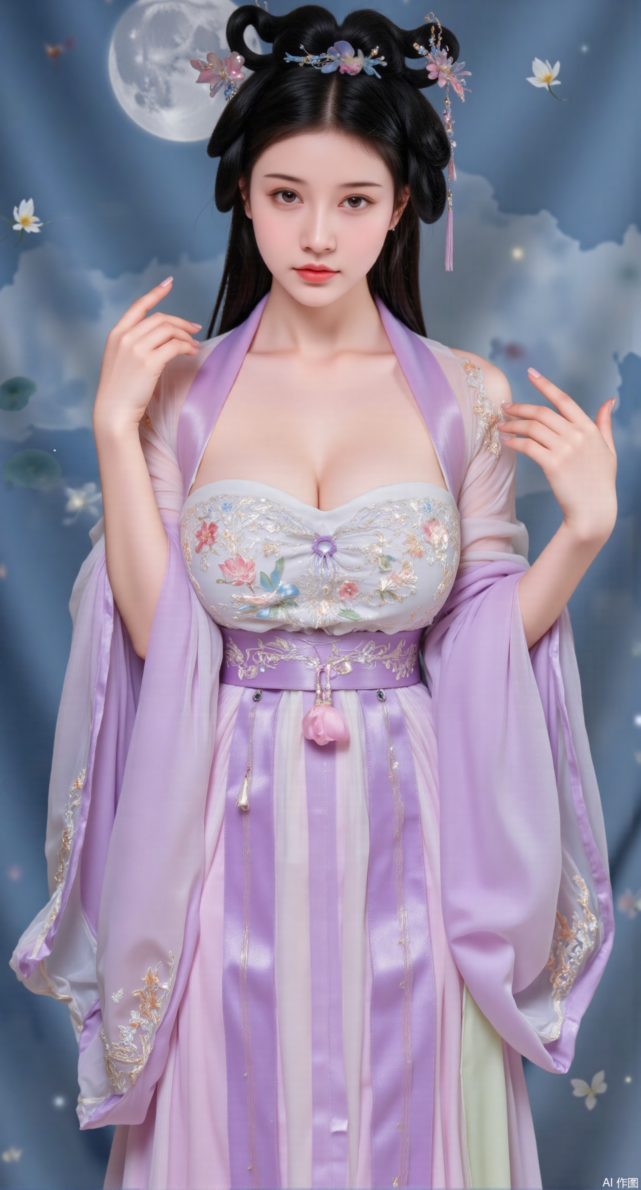 (masterpiece, best quality:1.2), highres, extremely detailed, 1girl,(hanfu dress:1.26),looking at viewer,indoors, (big breasts:2.69),Depth of field,garden of the sun,shiny,flowers, garden, 1girl, (Lotus:1.39), (butterflies, ultra detailed, glary,Light, light particles,glitter,reflect:1.29),(huge breasts:2.99), (full breasts:2.99),background, solo, makeup,Xyunxiao,(Lotus,Water Lily,Blue sky,full moon:1.39),(Lotus pond,ancient Chinese architecture:1.39),Xmupeiling,XsongyuYK,XqiyueFHK,XheguangzhefandiYK,XxiaobaiNZYK,XlimuwanJCBYK,XmeijiK,XzhouruK,XHhanfududou,XzhouruK2,XmeijiK2,XlinziyueK2,Xjinniang2,Xdunhuangfeitian,Xyinggou2,XnangongxierK2,Xnvwashenian2,XmupeilingYK,Xdaji2,Xyujishenian2,lanxinai-luxueqiX,Xlinagpiandiaodai,Xqianqianmeinu,Xmoxionghanfu,Xleisiqipao,Xxeushengxiaofu