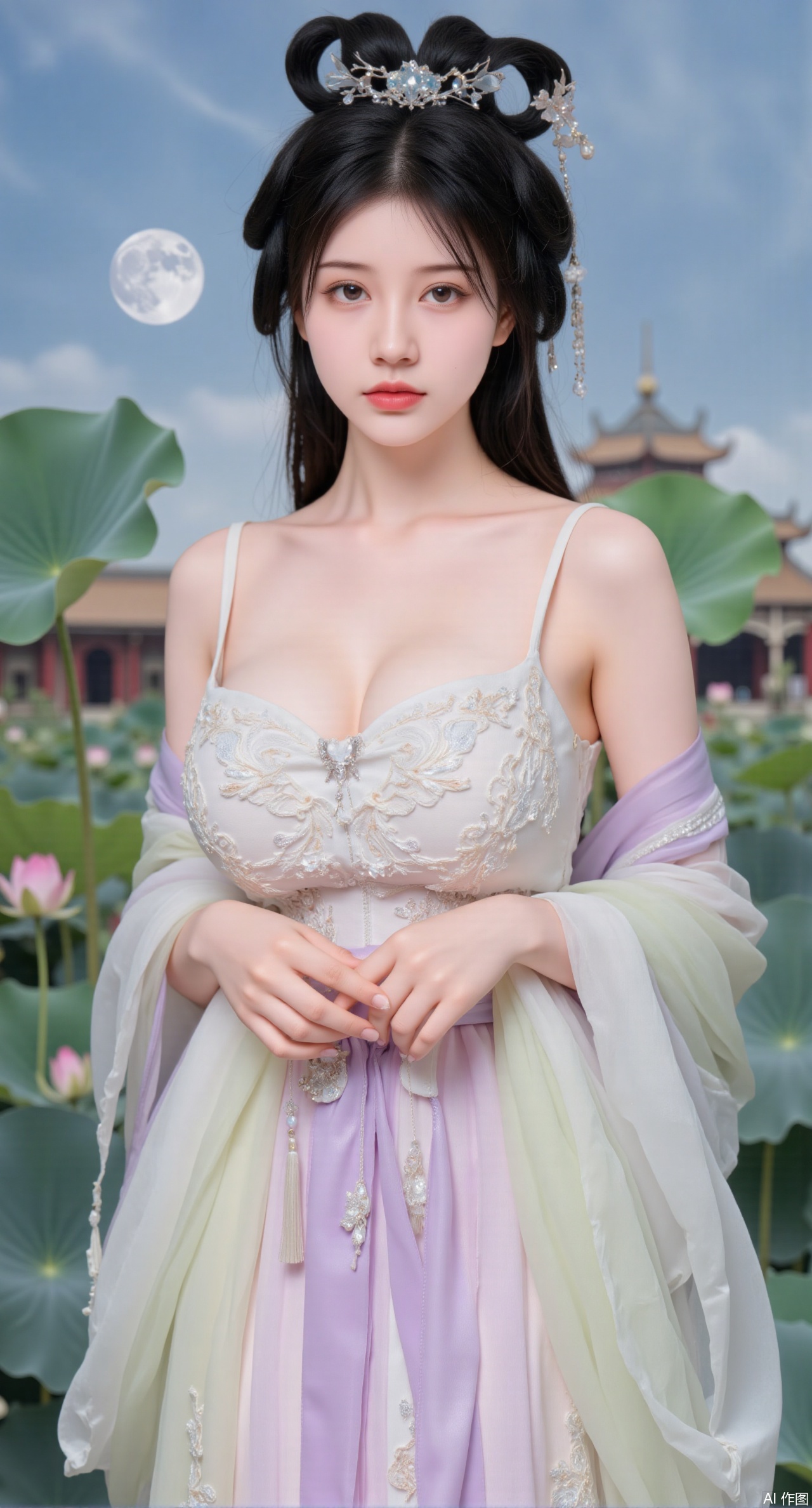 (masterpiece, best quality:1.2),1girl, navel, solo, midriff, bare shoulders, hair ornament,(long hair),(High double ponytail:1.49), red lips, BREAK, (looking at viewer:1.39), chinese clothes,(long dress:1.36), (lace:1.28), BREAK,blurry, solo focus, long hair, lips, daytime, lipstick, outdoors, standing,upper body,(huge breasts:2.99), (full breasts:2.99),background, solo, makeup,Xyunxiao,(Lotus,Water Lily,Blue sky,full moon:1.39),(Lotus pond,ancient Chinese architecture:1.39),Xmupeiling,XsongyuYK,XqiyueFHK,XheguangzhefandiYK,XxiaobaiNZYK,XlimuwanJCBYK,XmeijiK,XzhouruK,Xjinniang,Xliangpianqun,Xyinggou,Xfeitianwunv,XnangongxierK,Xbaiyuekuishouban,Xnvwashenian,XmupeilingY,Xdaji,Xyujishenian,XluxueqiX,Xyujishenianzhaung,Xqianqianmeinv