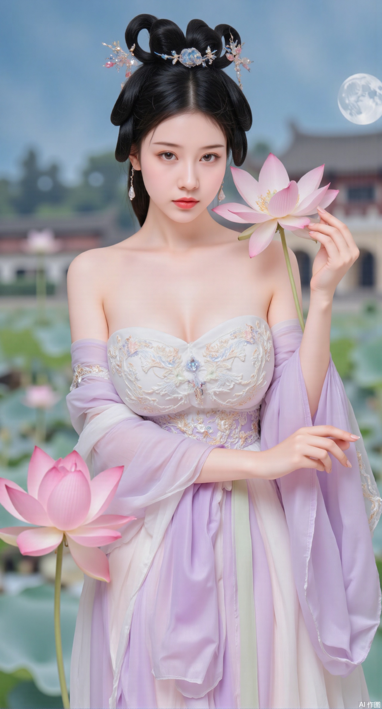 (masterpiece, best quality:1.2),1girl, navel, solo, midriff, bare shoulders, hair ornament,(long hair),(High double ponytail:1.49), red lips, BREAK, (looking at viewer:1.39), chinese clothes,(long dress:1.36), (lace:1.28), BREAK,blurry, solo focus, long hair, lips, daytime, lipstick, outdoors, standing,upper body,(huge breasts:2.99), (full breasts:2.99),background, solo, makeup,Xyunxiao,(Lotus,Water Lily,Blue sky,full moon:1.39),(Lotus pond,ancient Chinese architecture:1.39),Xmupeiling,XsongyuYK,XqiyueFHK,XheguangzhefandiYK,XxiaobaiNZYK,XlimuwanJCBYK,XmeijiK,XzhouruK,Xjinniang,Xliangpianqun,Xyinggou,Xfeitianwunv,XnangongxierK,Xbaiyuekuishouban,Xnvwashenian,XmupeilingY,Xdaji,Xyujishenian,XluxueqiX,Xyujishenianzhaung,Xqianqianmeinv