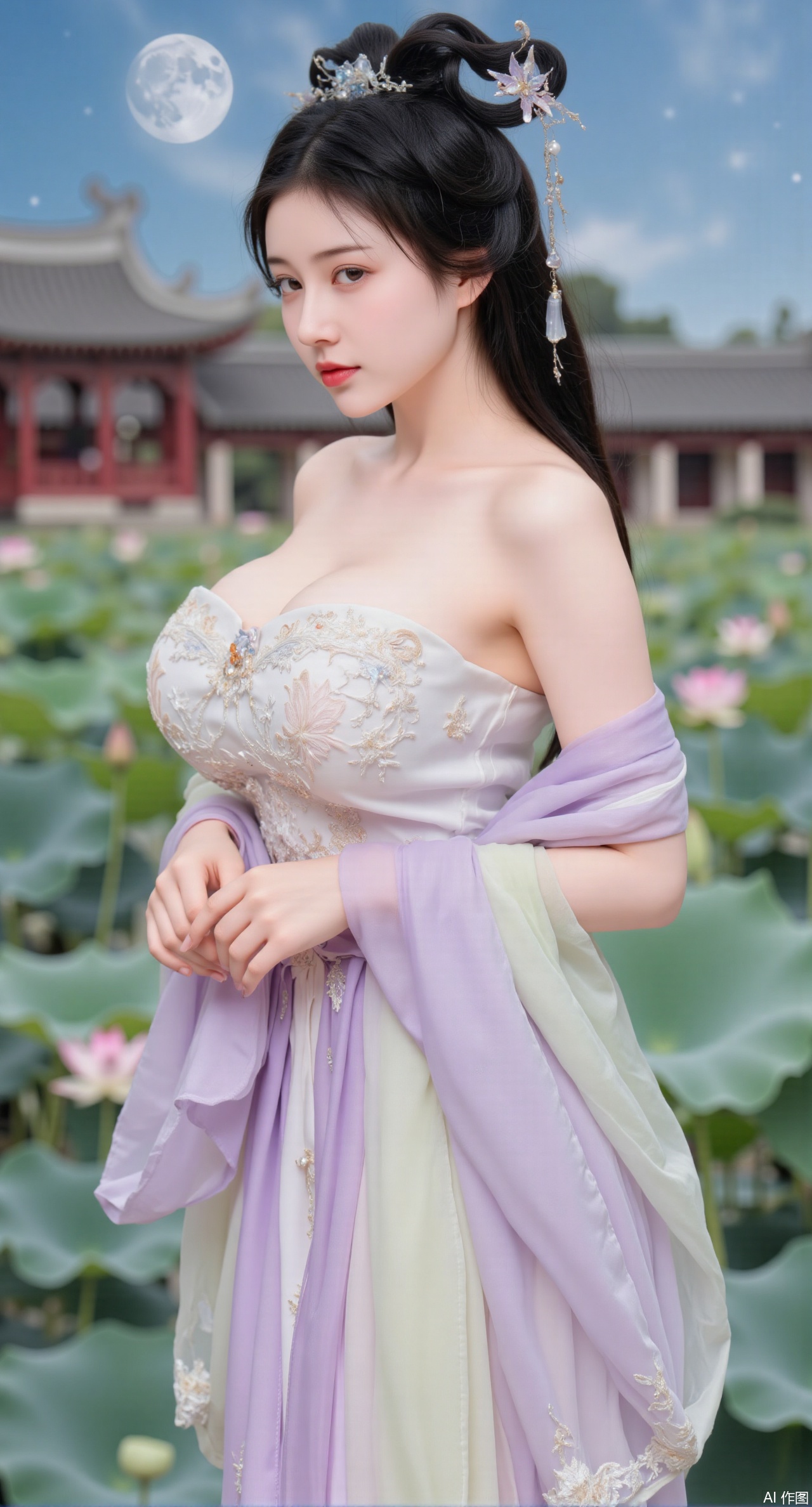(masterpiece, best quality:1.2),1girl, navel, solo, midriff, bare shoulders, hair ornament,(long hair),(High double ponytail:1.49), red lips, BREAK, (looking at viewer:1.39), chinese clothes,(long dress:1.36), (lace:1.28), BREAK,blurry, solo focus, long hair, lips, daytime, lipstick, outdoors, standing,upper body,(huge breasts:2.99), (full breasts:2.99),background, solo, makeup,Xyunxiao,(Lotus,Water Lily,Blue sky,full moon:1.39),(Lotus pond,ancient Chinese architecture:1.39),Xmupeiling,XsongyuYK,XqiyueFHK,XheguangzhefandiYK,XxiaobaiNZYK,XlimuwanJCBYK,XmeijiK,XzhouruK,Xjinniang,Xliangpianqun,Xyinggou,Xfeitianwunv,XnangongxierK,Xbaiyuekuishouban,Xnvwashenian,XmupeilingY,Xdaji,Xyujishenian,XluxueqiX,Xyujishenianzhaung,Xqianqianmeinv
