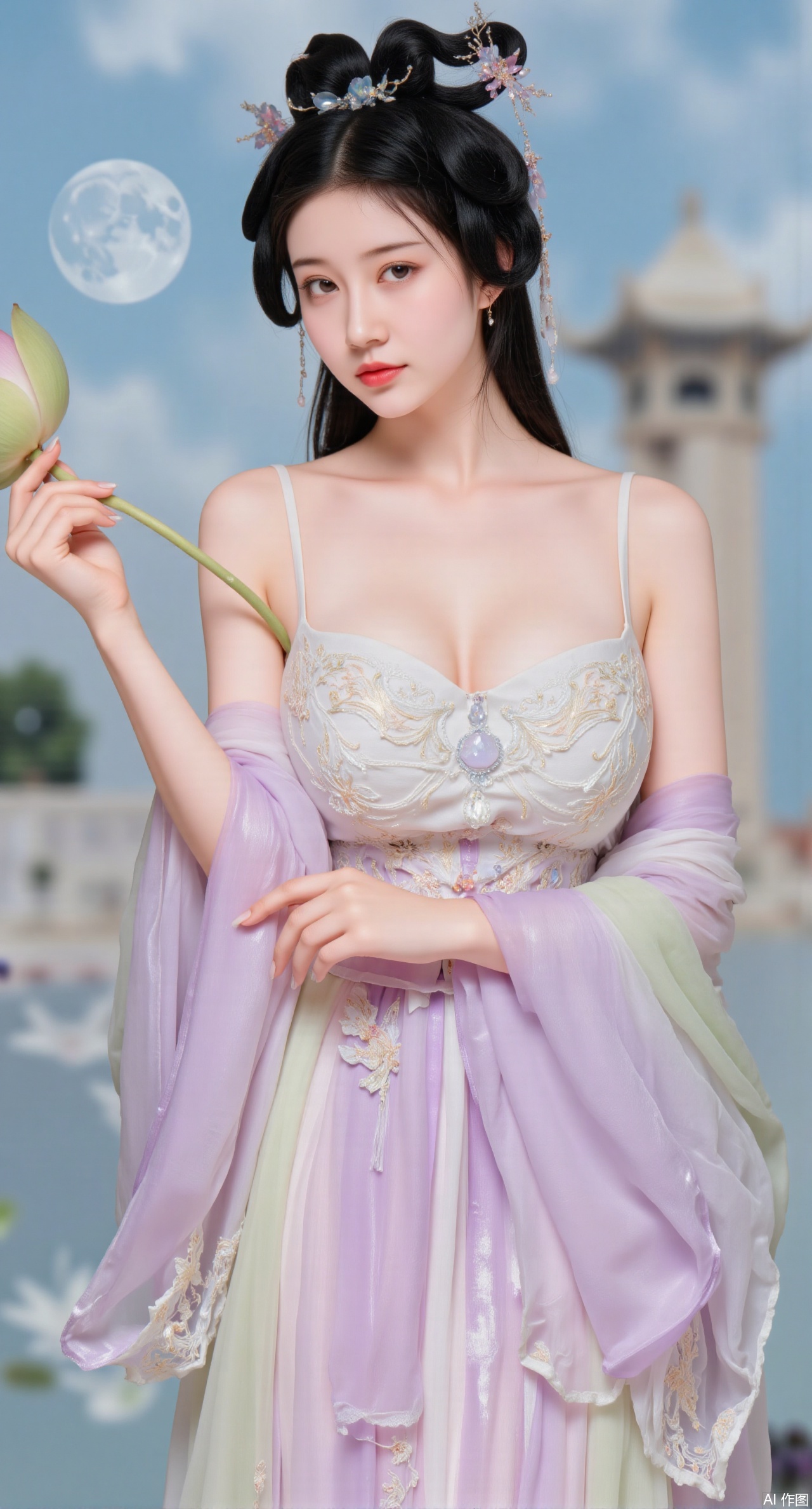 (masterpiece, best quality:1.2),1girl, navel, solo, midriff, bare shoulders, hair ornament,(long hair),(High double ponytail:1.49), red lips, BREAK, (looking at viewer:1.39), chinese clothes,(long dress:1.36), (lace:1.28), BREAK,blurry, solo focus, long hair, lips, daytime, lipstick, outdoors, standing,upper body,(huge breasts:2.99), (full breasts:2.99),background, solo, makeup,Xyunxiao,(Lotus,Water Lily,Blue sky,full moon:1.39),(Lotus pond,ancient Chinese architecture:1.39),Xmupeiling,XsongyuYK,XqiyueFHK,XheguangzhefandiYK,XxiaobaiNZYK,XlimuwanJCBYK,XmeijiK,XzhouruK,Xjinniang,Xliangpianqun,Xyinggou,Xfeitianwunv,XnangongxierK,Xbaiyuekuishouban,Xnvwashenian,XmupeilingY,Xdaji,Xyujishenian,XluxueqiX,Xyujishenianzhaung,Xqianqianmeinv