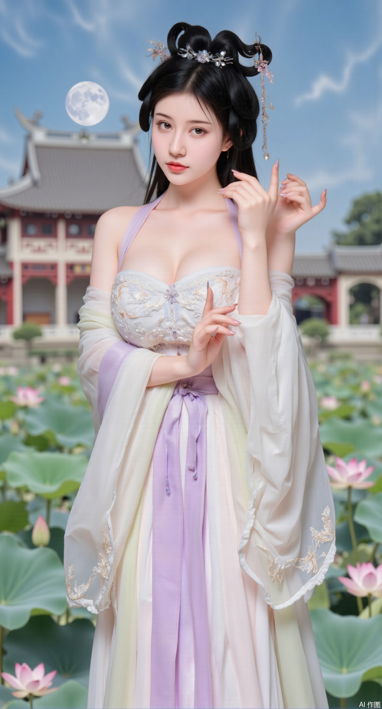 (masterpiece, best quality:1.2),1girl, navel, solo, midriff, bare shoulders, hair ornament,(long hair),(High double ponytail:1.49), red lips, BREAK, (looking at viewer:1.39), chinese clothes,(long dress:1.36), (lace:1.28), BREAK,blurry, solo focus, long hair, lips, daytime, lipstick, outdoors, standing,upper body,(huge breasts:2.99), (full breasts:2.99),background, solo, makeup,Xyunxiao,(Lotus,Water Lily,Blue sky,full moon:1.39),(Lotus pond,ancient Chinese architecture:1.39),Xmupeiling,XsongyuYK,XqiyueFHK,XheguangzhefandiYK,XxiaobaiNZYK,XlimuwanJCBYK,XmeijiK,XzhouruK,Xjinniang,Xliangpianqun,Xyinggou,Xfeitianwunv,XnangongxierK,Xbaiyuekuishouban,Xnvwashenian,XmupeilingY,Xdaji,Xyujishenian,XluxueqiX,Xyujishenianzhaung,Xqianqianmeinv