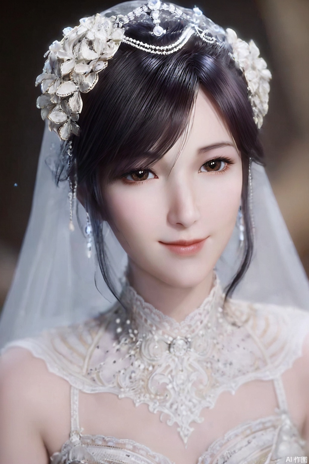score_9_up , XuXin, 1girl, solo, looking at viewer, smile, black hair, hair ornament, dress, brown eyes, jewelry, closed mouth, blurry, lips, blurry background, portrait, veil, realistic