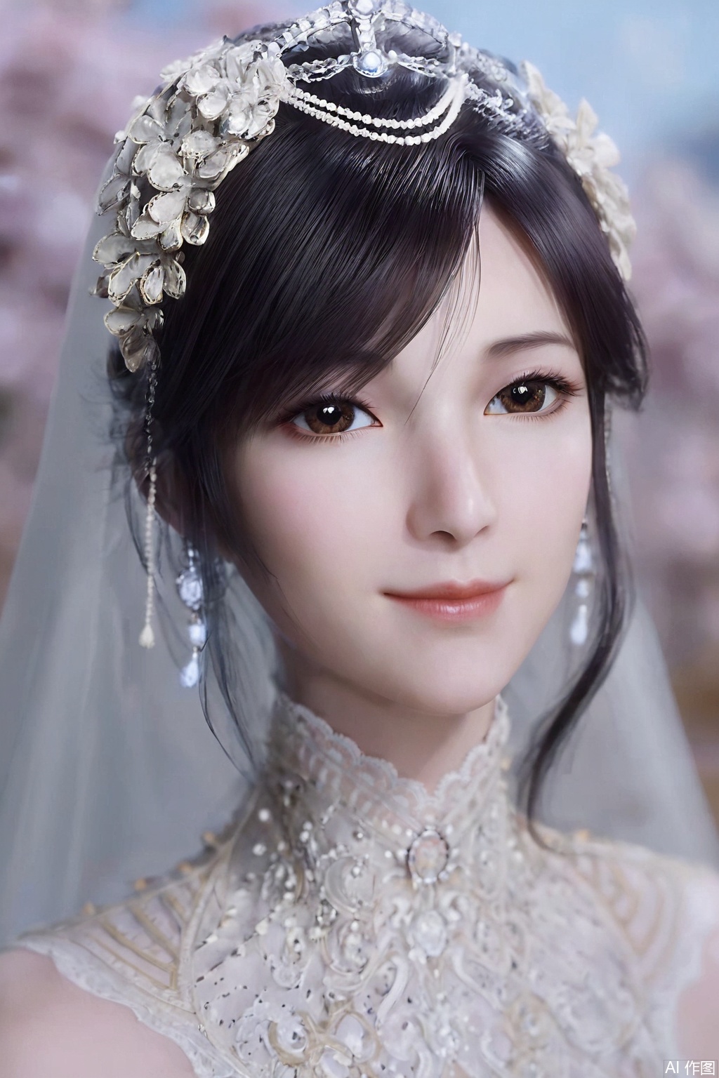score_9_up , XuXin, 1girl, solo, looking at viewer, smile, black hair, hair ornament, dress, brown eyes, jewelry, closed mouth, blurry, lips, blurry background, portrait, veil, realistic