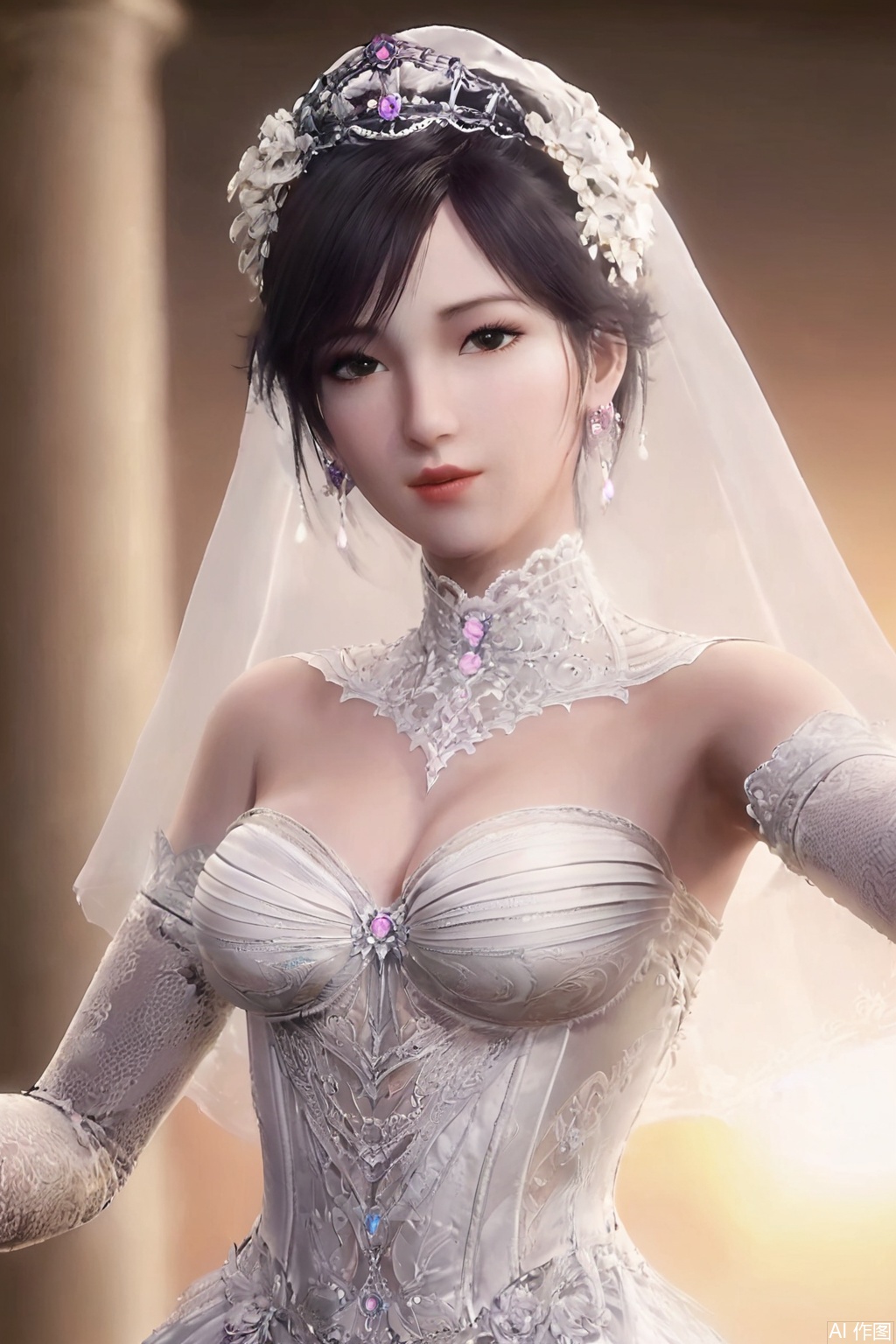 score_9_up , XuXin, 1girl, solo, breasts, short hair, black hair, hair ornament, gloves, dress, cleavage, bare shoulders, jewelry, medium breasts, earrings, elbow gloves, white gloves, white dress, lips, tiara, outstretched arm, veil, wedding dress, bridal veil, pillar