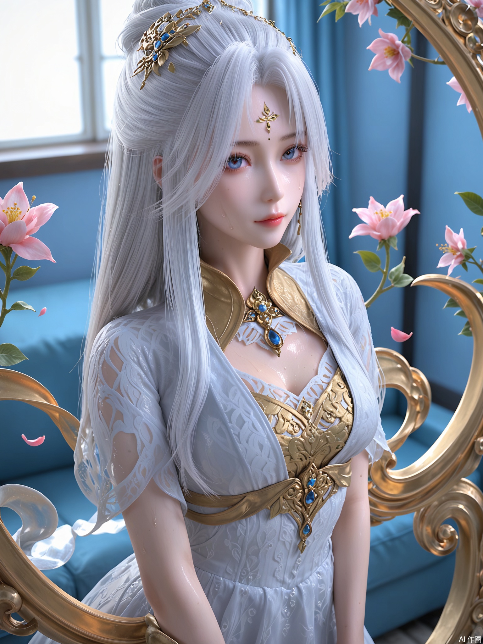 score_9,score_8_up,score_7_up,1girl,looking_at_viewer,realistic,1girl,Vivid Colors,bright environment,delicate water,hair_ornament,shiny skin,shiny hair,reflection,dress,jewelry,flower sea,falling petals,extreme detail description,(full body:0.3),put one hand on your side,long_hair,(skindentation:1.3),Fishnet stockings,bright,sunshine on face,white hair,light,sweating,(wariza:1.3),white dress,forehead_mark