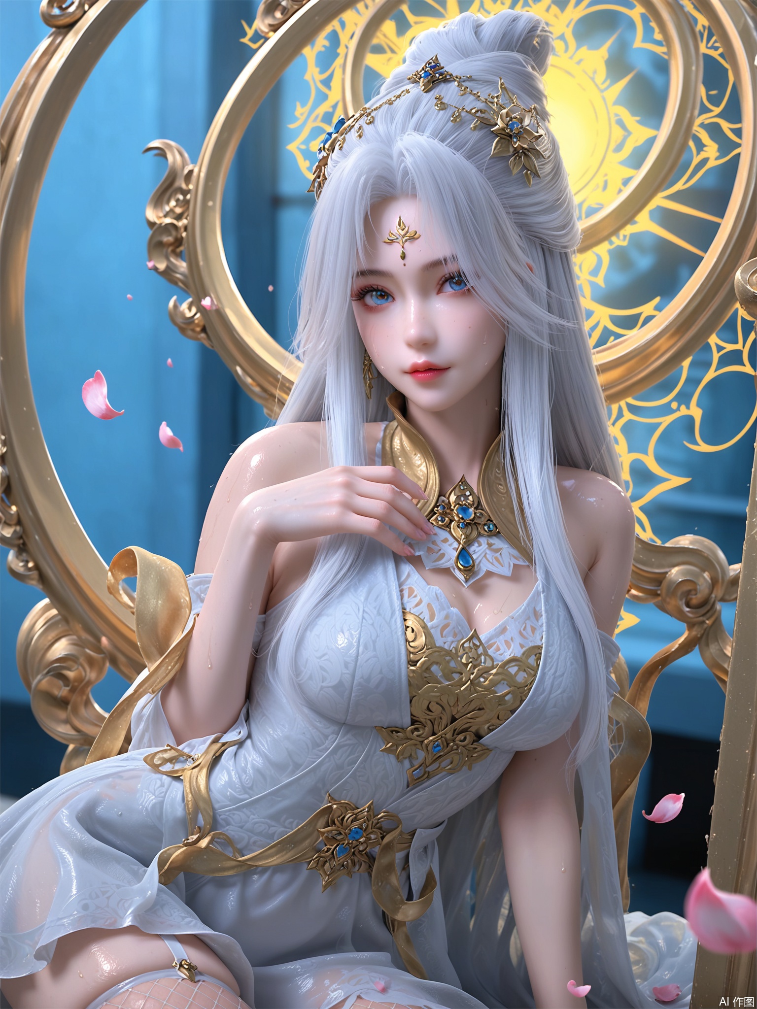 score_9,score_8_up,score_7_up,1girl,looking_at_viewer,realistic,1girl,Vivid Colors,bright environment,delicate water,hair_ornament,shiny skin,shiny hair,reflection,dress,flower sea,falling petals,extreme detail description,(full body:0.3),put one hand on your side,long_hair,(skindentation:1.3),Fishnet stockings,bright,sunshine on face,white hair,light,sweating,wariza,white dress,forehead_mark,light,pillar