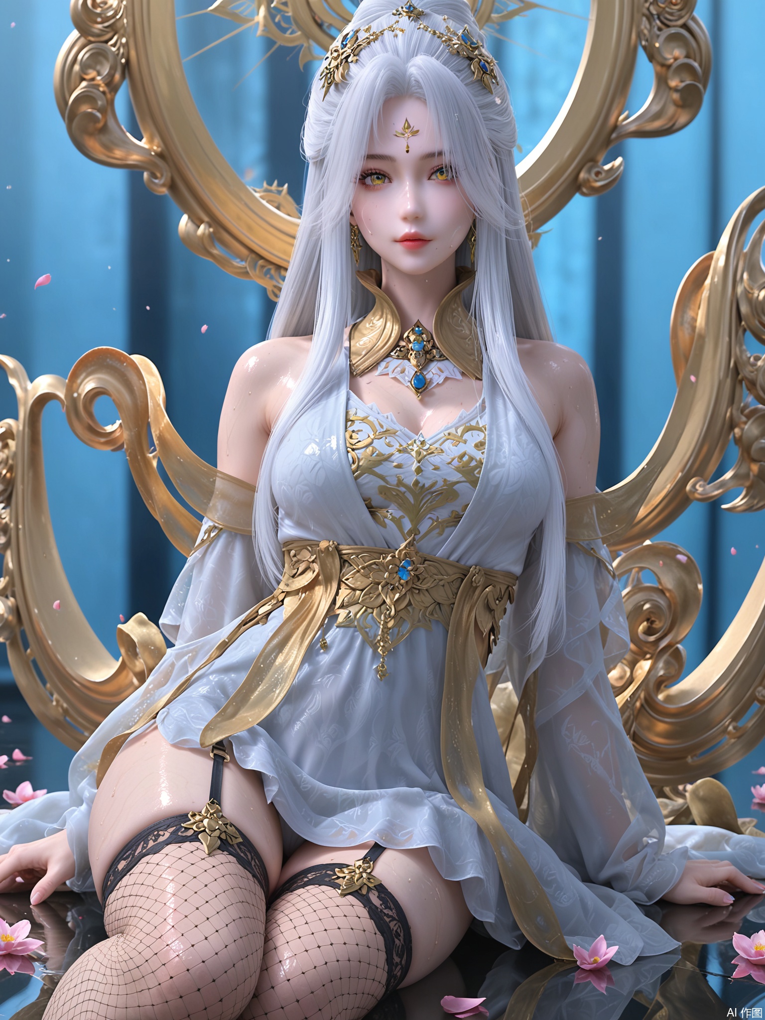 score_9,score_8_up,score_7_up,1girl,looking_at_viewer,realistic,1girl,Vivid Colors,bright environment,delicate water,hair_ornament,shiny skin,shiny hair,reflection,dress,flower sea,falling petals,extreme detail description,(full body:0.3),put one hand on your side,long_hair,(skindentation:1.3),Fishnet stockings,bright,sunshine on face,white hair,light,sweating,white dress,forehead_mark,light,pillar,sitting_down,yellow_eyes