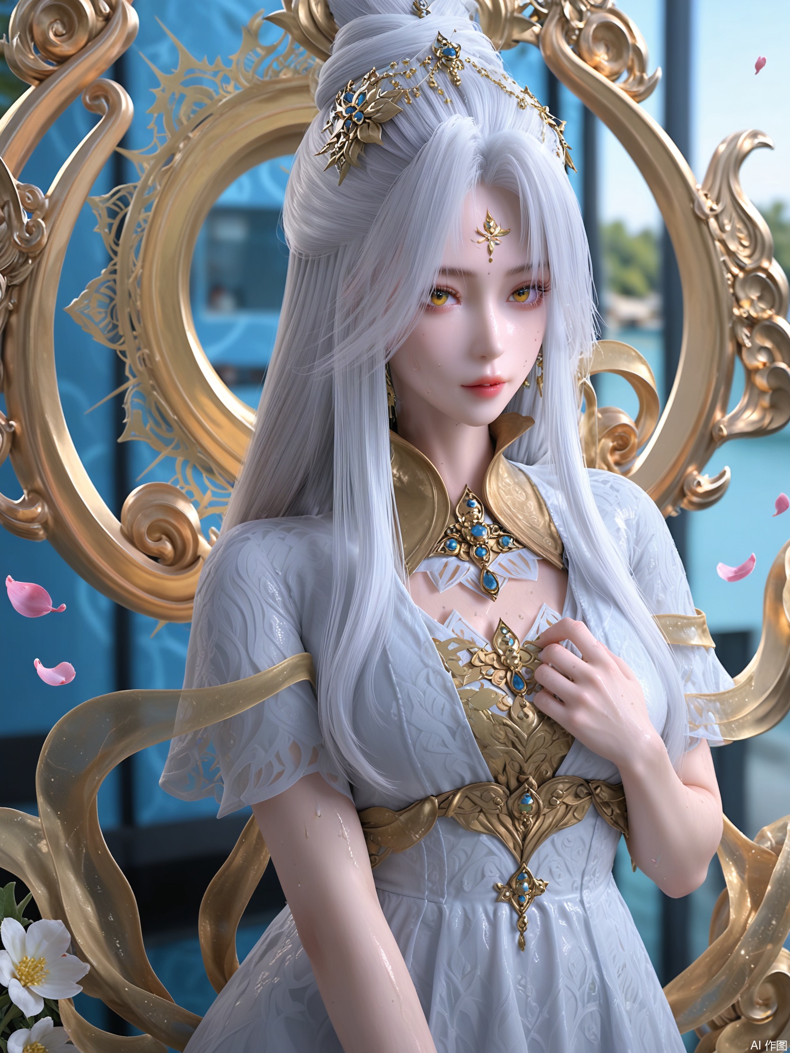 score_9,score_8_up,score_7_up,1girl,looking_at_viewer,realistic,1girl,Vivid Colors,bright environment,delicate water,hair_ornament,shiny skin,shiny hair,reflection,dress,flower sea,falling petals,extreme detail description,(full body:0.3),put one hand on your side,long_hair,(skindentation:1.3),Fishnet stockings,bright,sunshine on face,white hair,light,sweating,wariza,white dress,forehead_mark,light,pillar