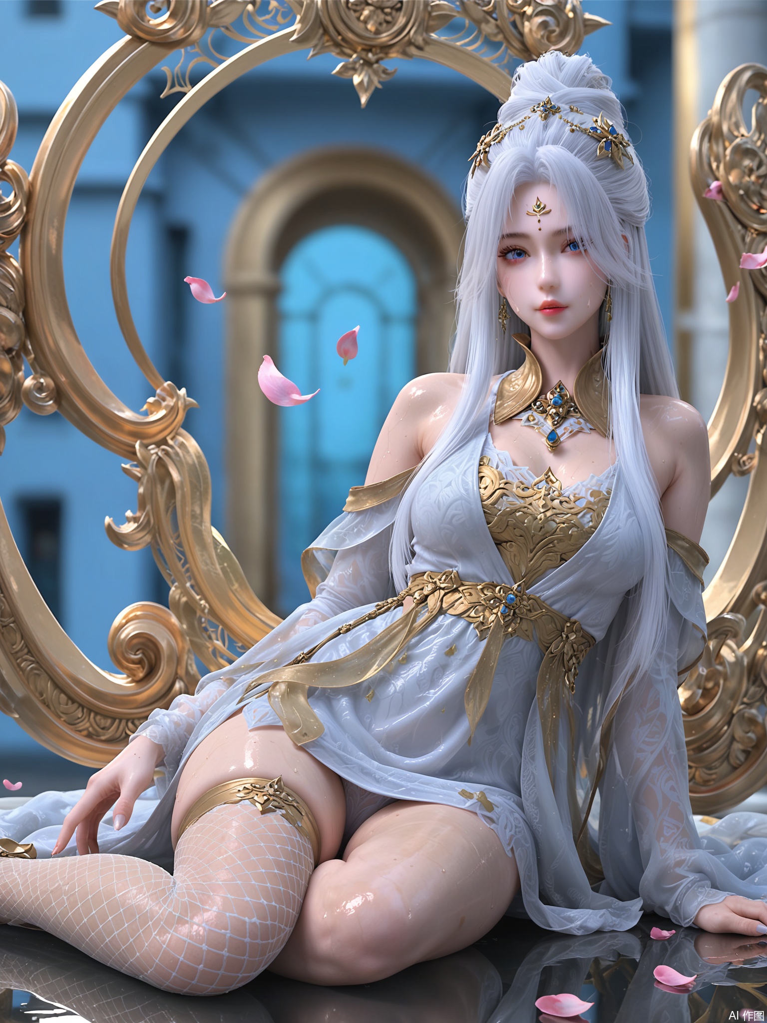score_9,score_8_up,score_7_up,1girl,looking_at_viewer,realistic,1girl,Vivid Colors,bright environment,delicate water,hair_ornament,shiny skin,shiny hair,reflection,dress,flower sea,falling petals,extreme detail description,(full body:0.3),put one hand on your side,long_hair,(skindentation:1.3),Fishnet stockings,bright,sunshine on face,white hair,light,sweating,white dress,forehead_mark,light,pillar,sitting_down